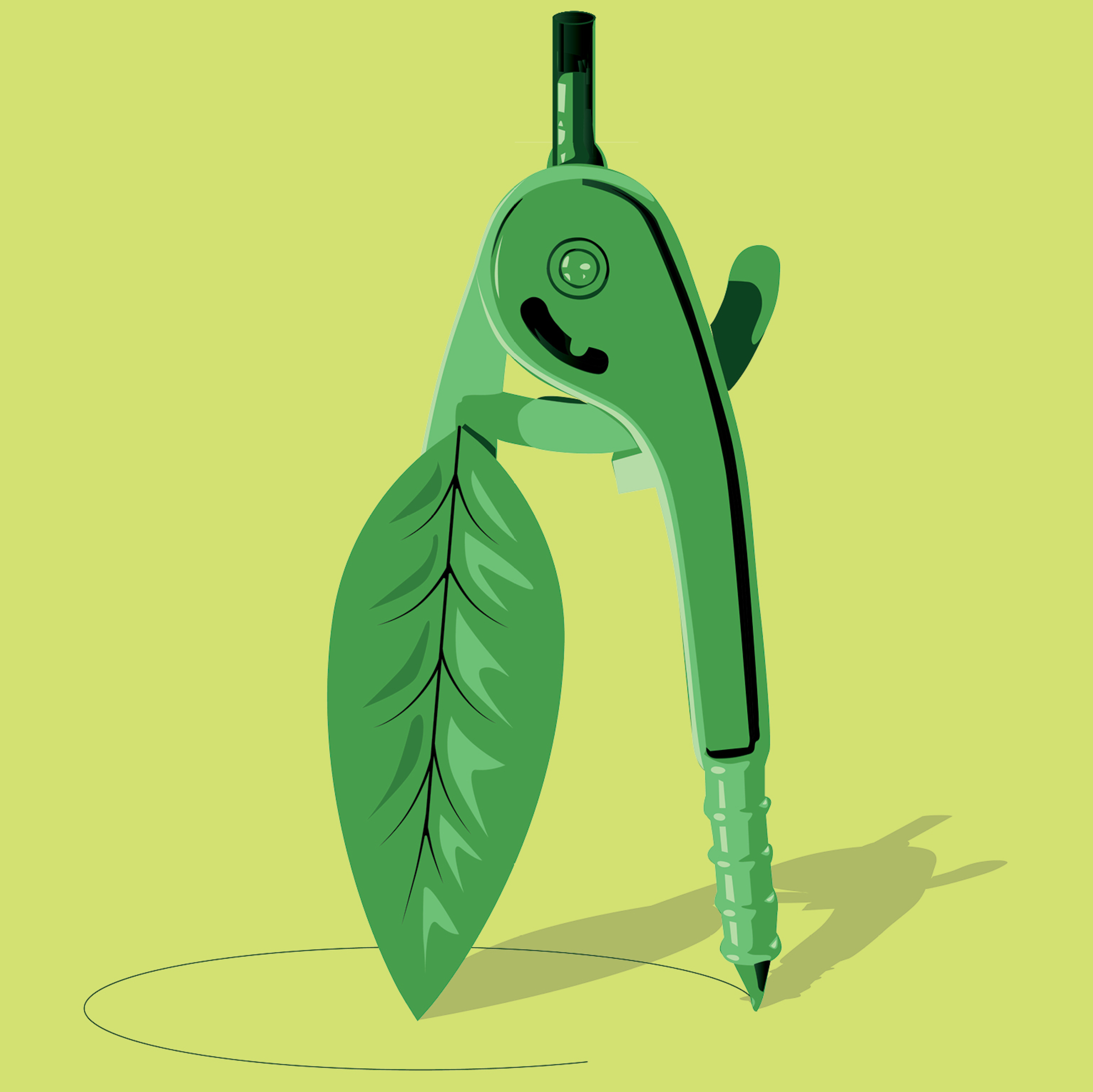 This illustration depicts a green drawing compass. The pencil leg is drawing a circle on a surface. The typical handle leg of the compass has been replaced by a long, thin leaf.