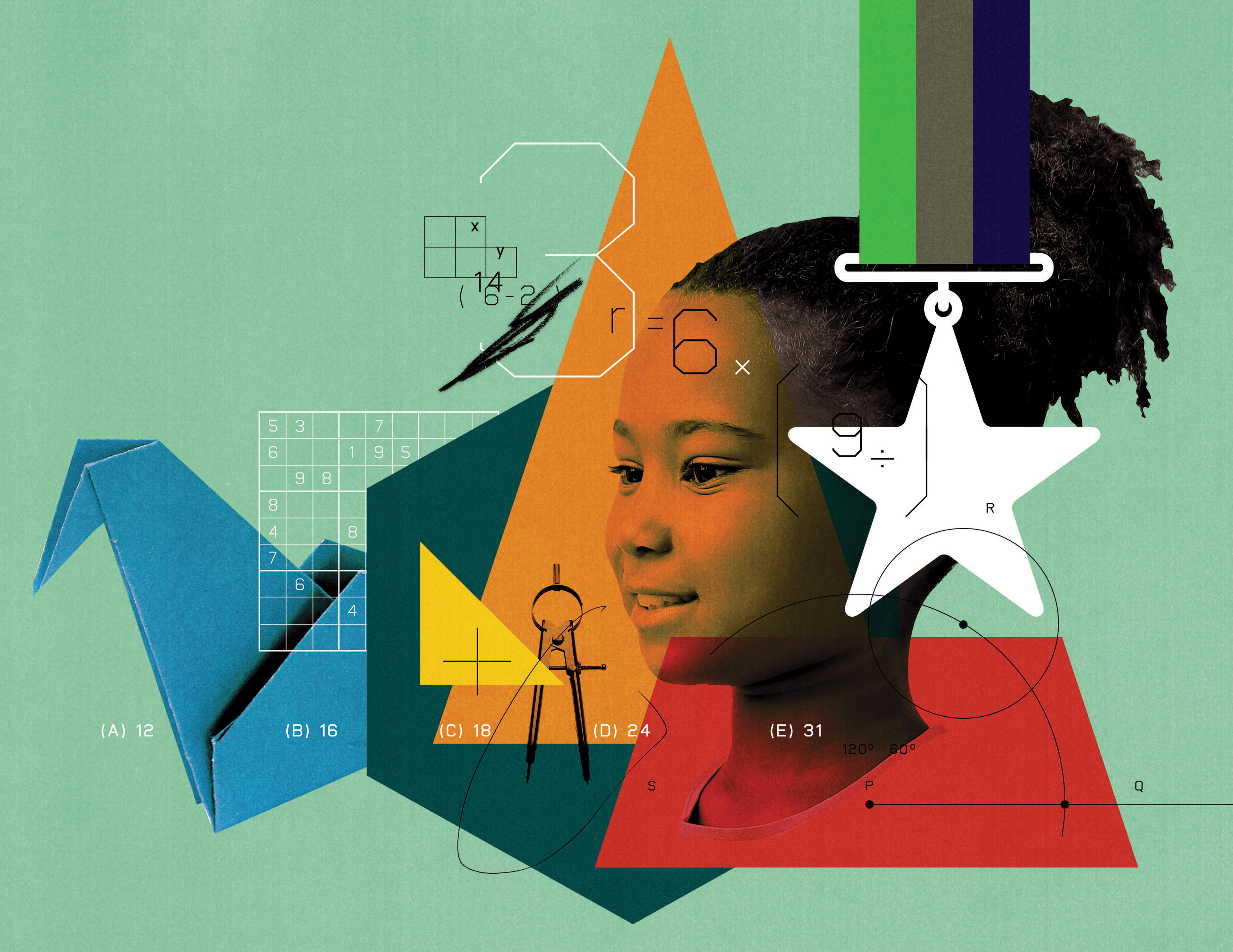 Collage of image of child among geometric shapes and math algorithms