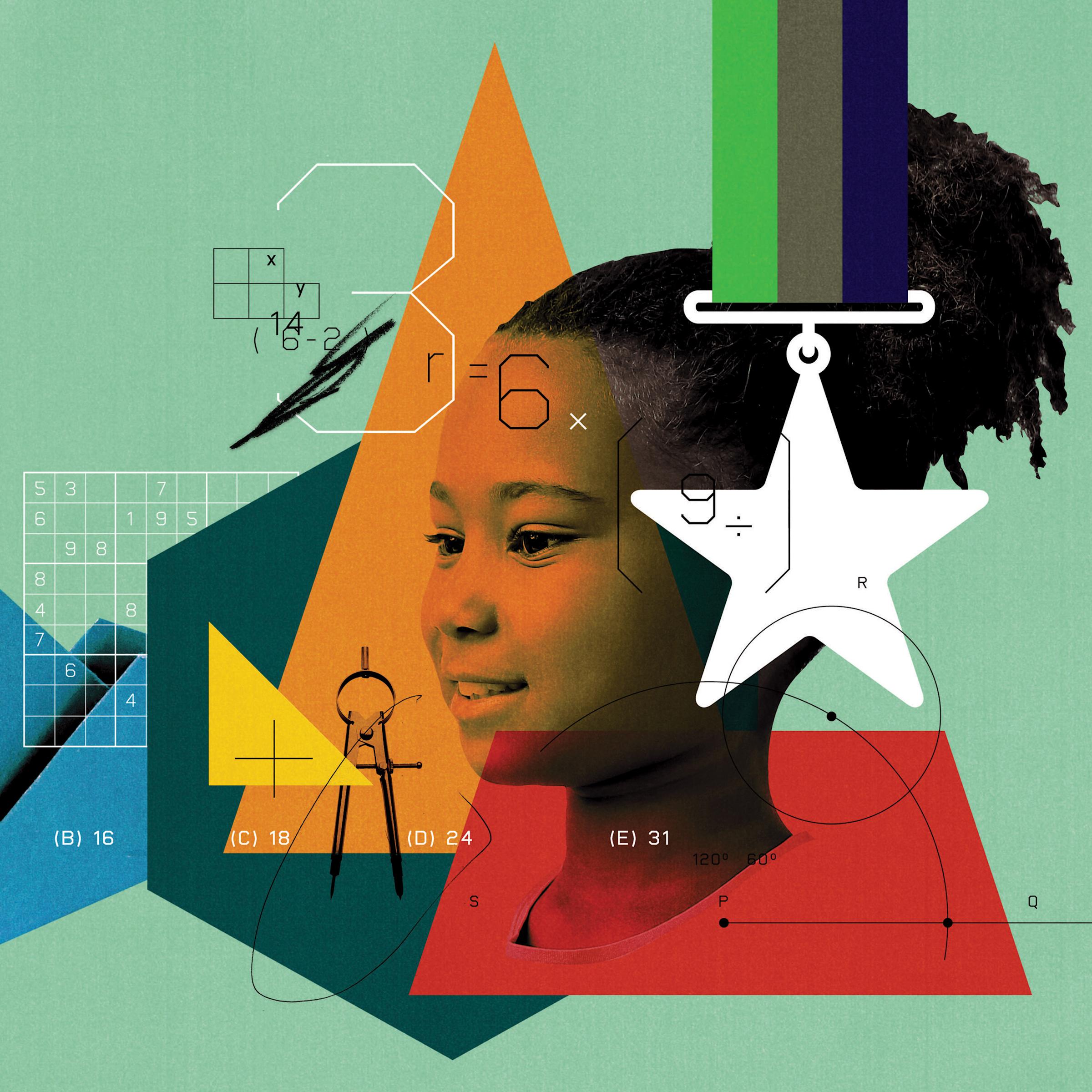 Collage of image of child among geometric shapes and math algorithms