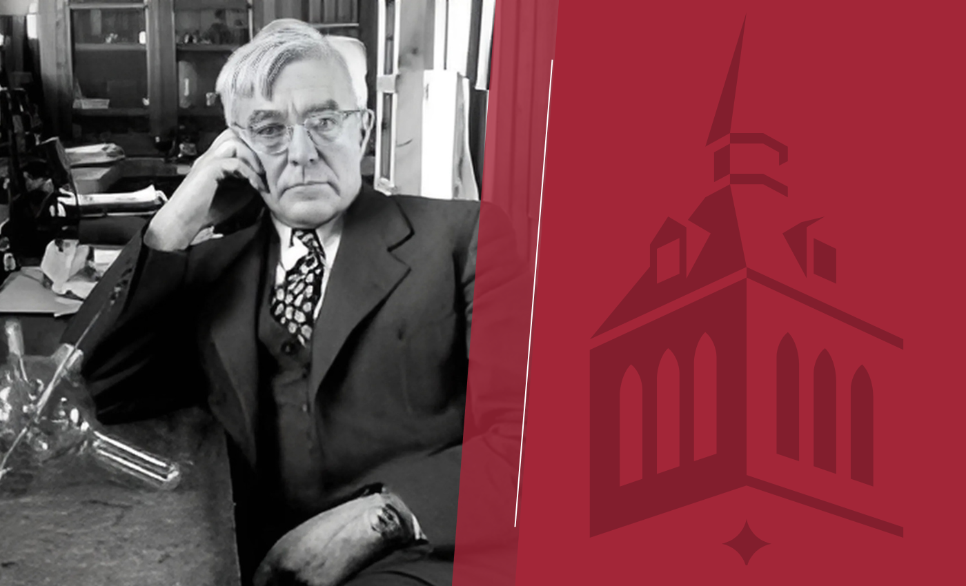 Irving Langmuir, a white male in a dark suit, glasses and light hair, poses. A Stevens logo to to the right of the portrait.