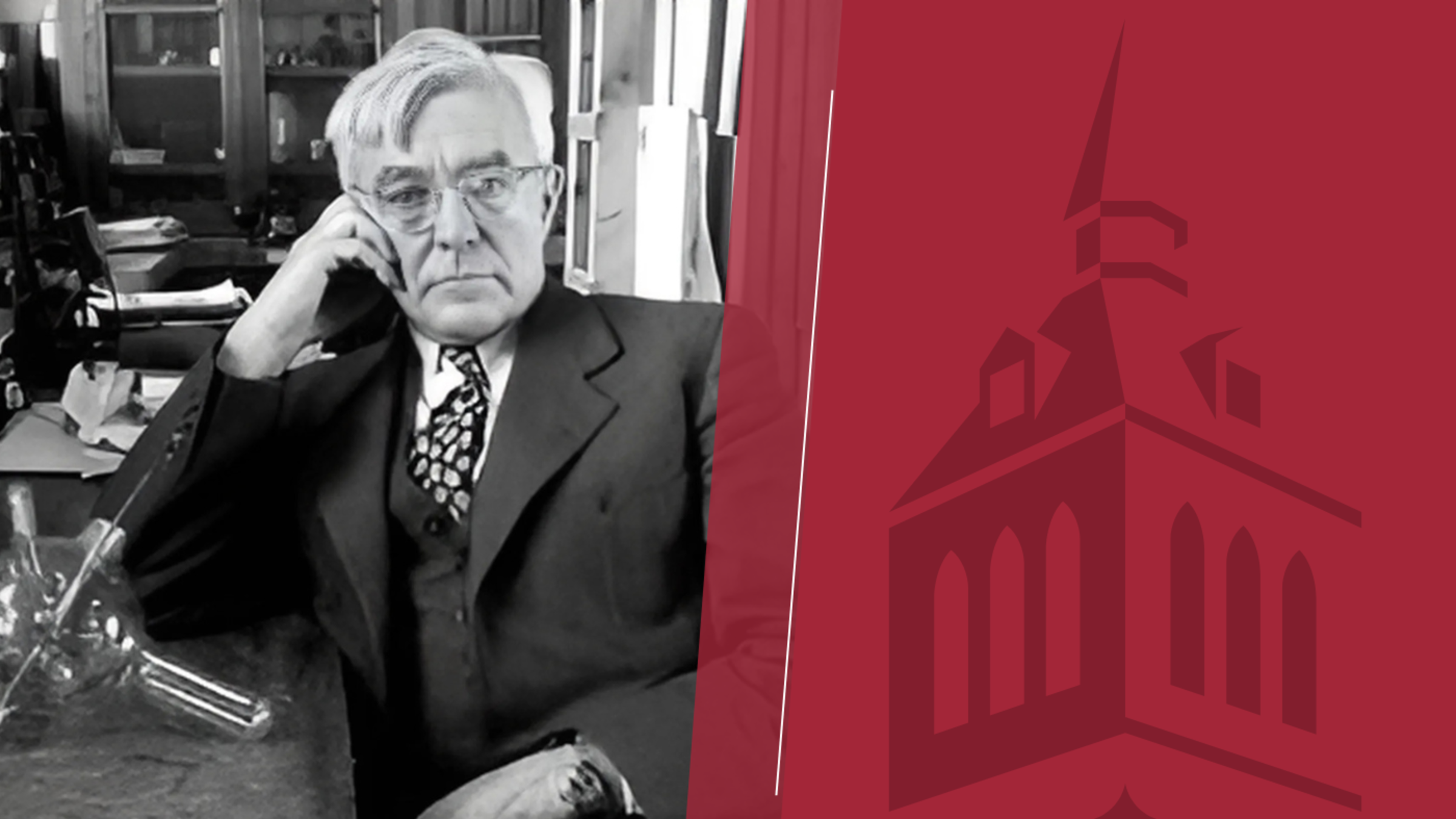 Irving Langmuir, a white male in a dark suit, glasses and light hair, poses. A Stevens logo to to the right of the portrait.