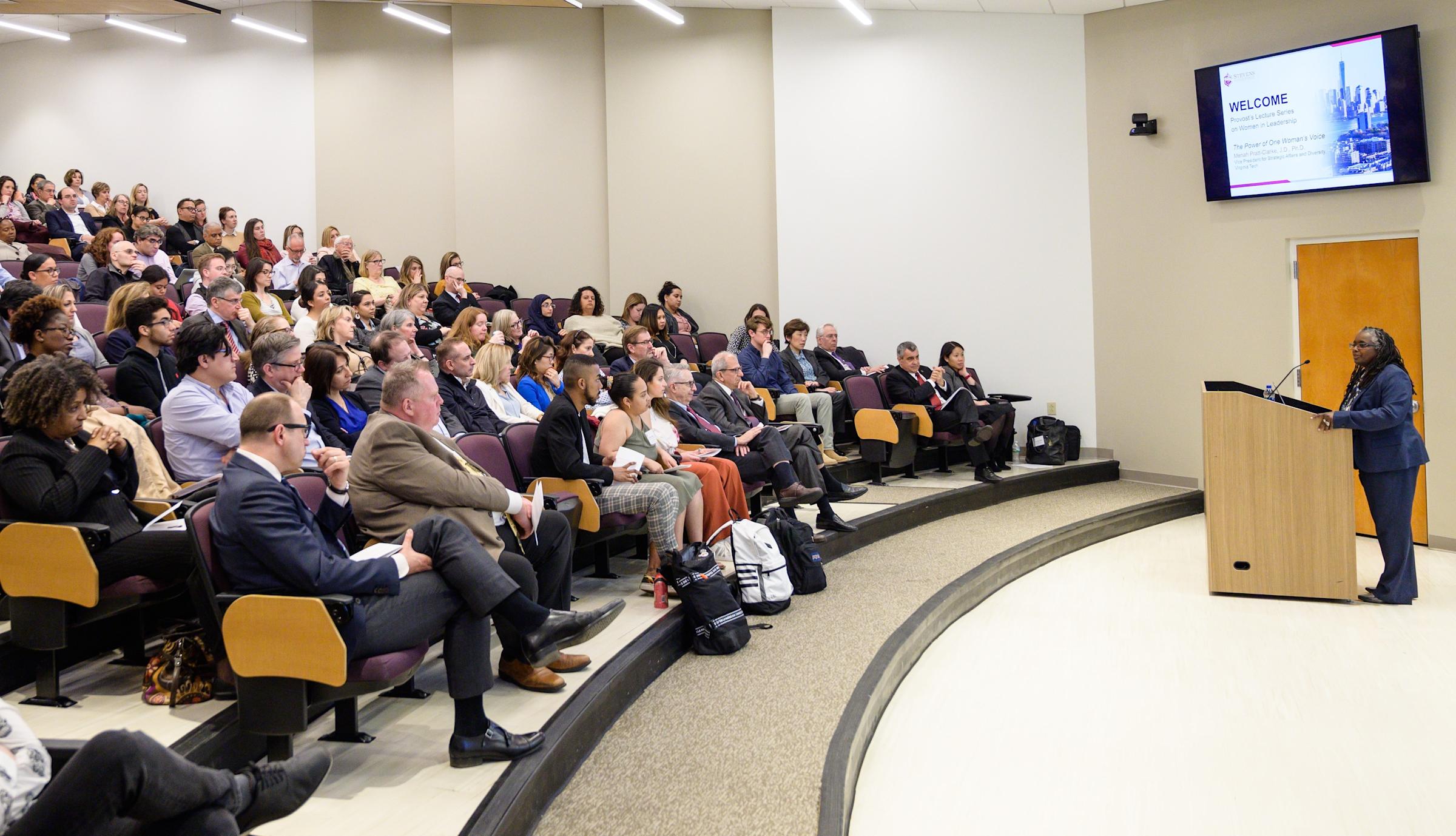 The Stevens community gathers for the lecture