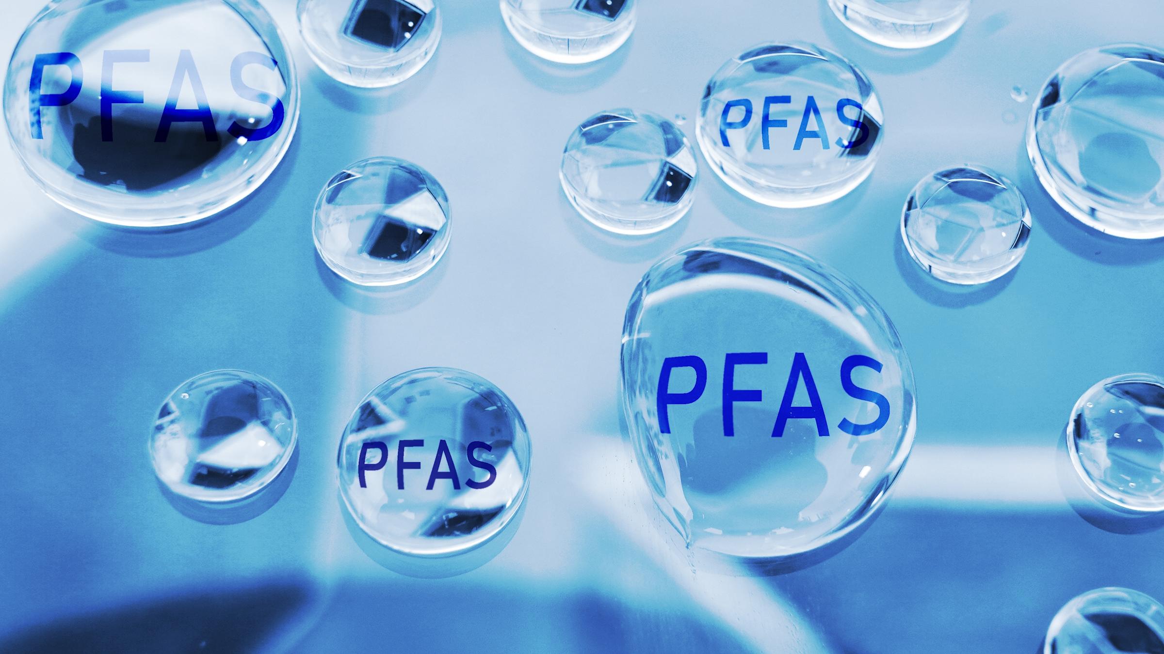 Water drops with "PFAS" written inside them