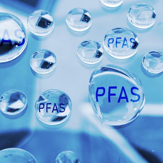 Water drops with "PFAS" written inside them