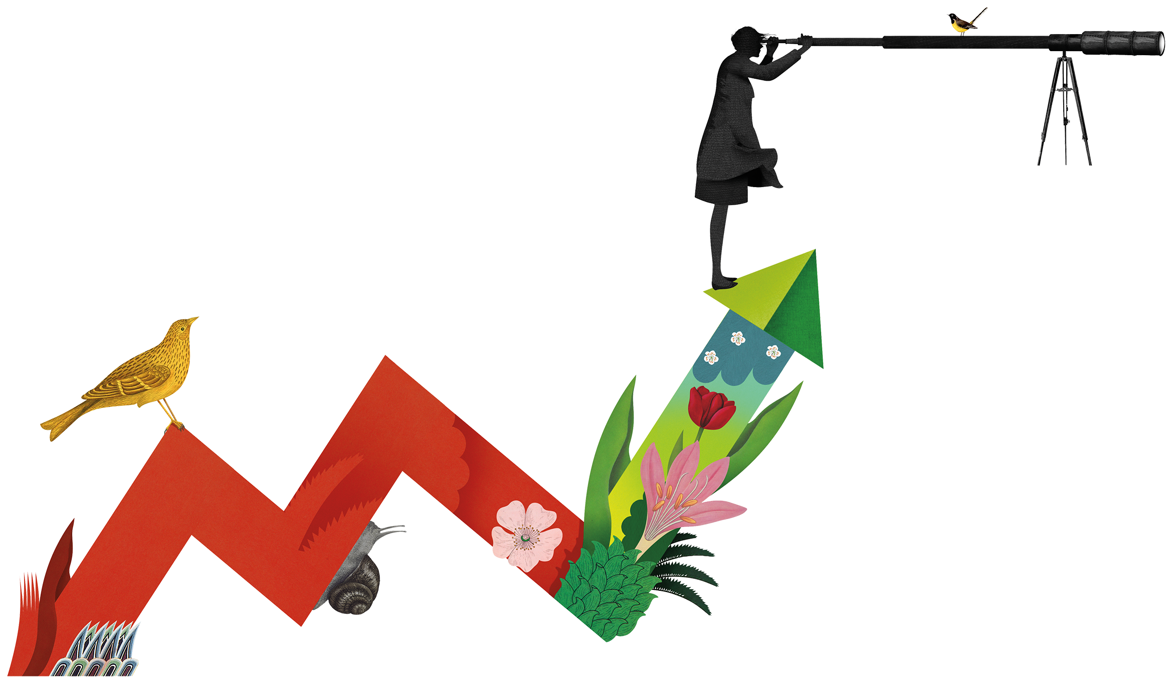 Collage illustration of a person at the top of a line chart using a telescope