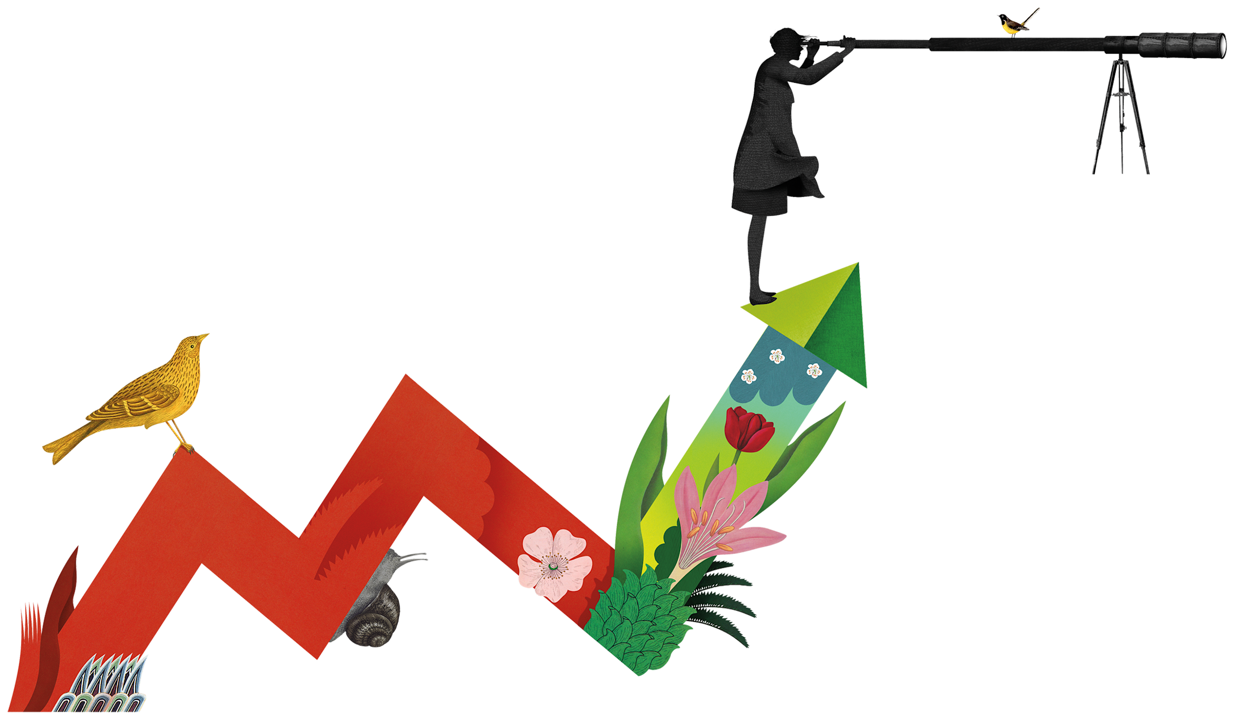 Collage illustration of a person at the top of a line chart using a telescope