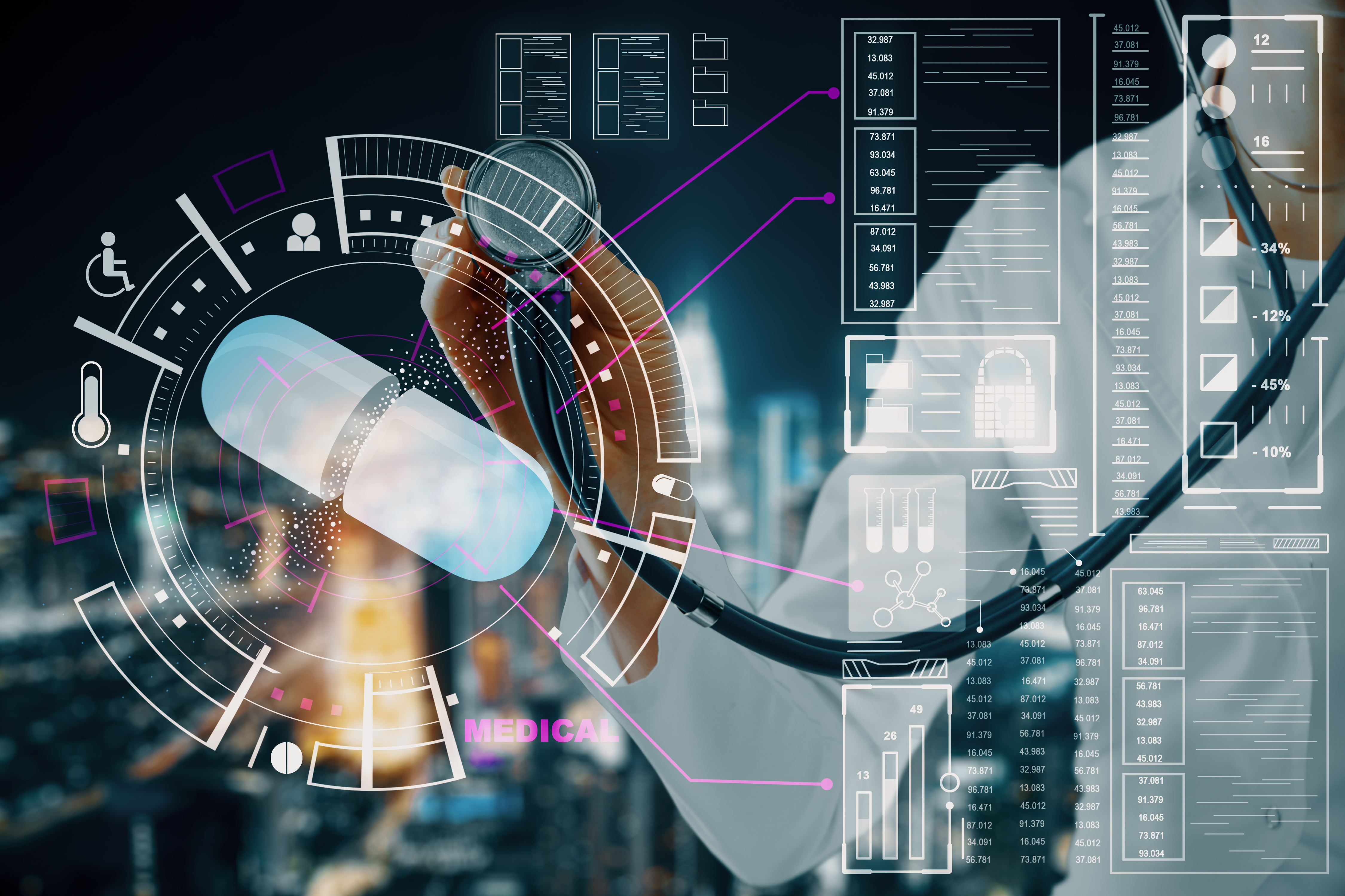 Digital healthcare concept: doctor holding a stethoscope with an overlaid large pill graphic, medical data charts, statistics, and icons representing accessibility, temperature, and lab analysis, set against a city skyline background.