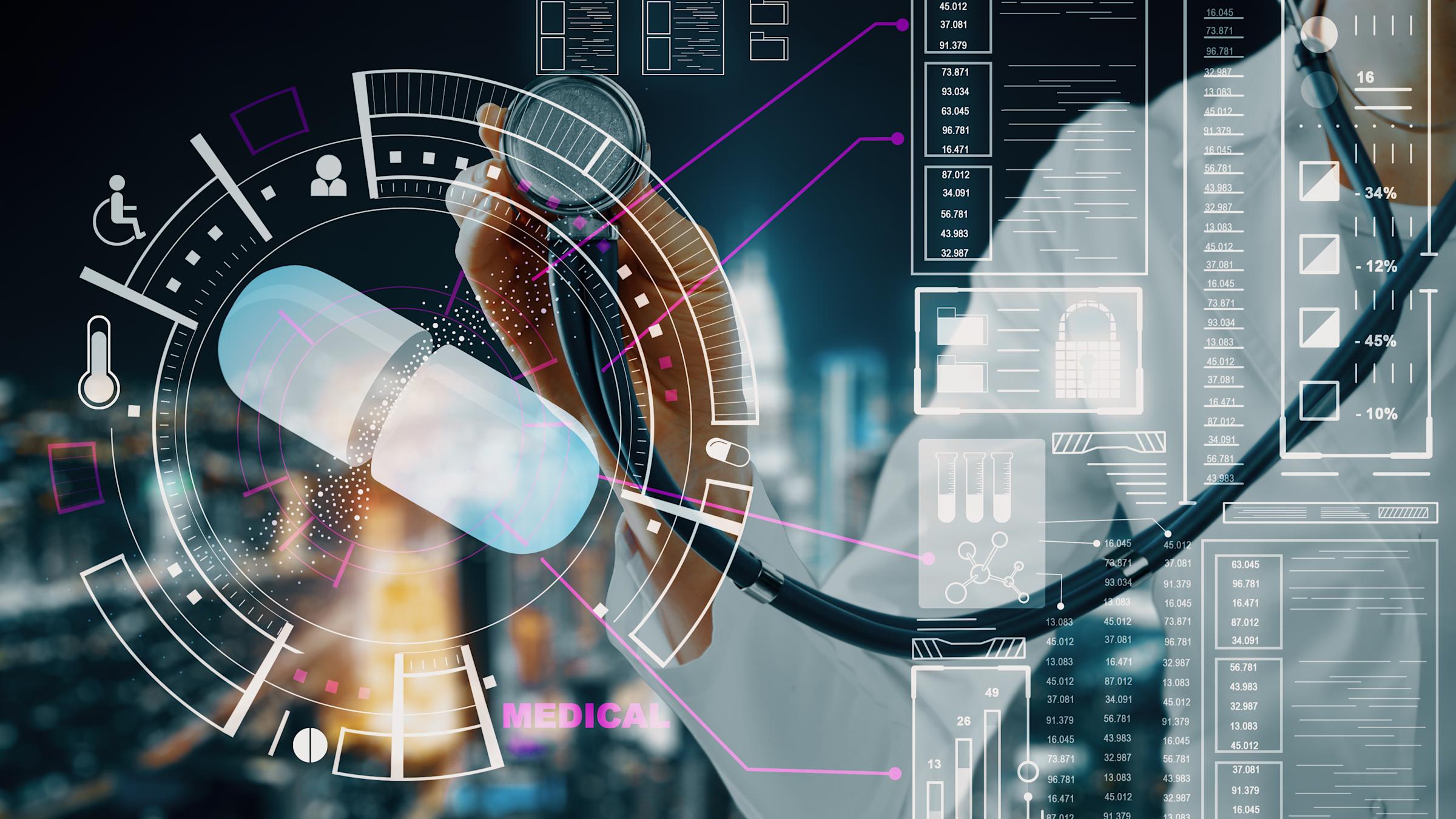 Digital healthcare concept: doctor holding a stethoscope with an overlaid large pill graphic, medical data charts, statistics, and icons representing accessibility, temperature, and lab analysis, set against a city skyline background.