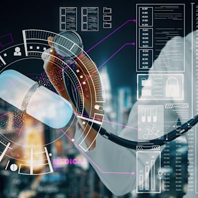 Digital healthcare concept: doctor holding a stethoscope with an overlaid large pill graphic, medical data charts, statistics, and icons representing accessibility, temperature, and lab analysis, set against a city skyline background.