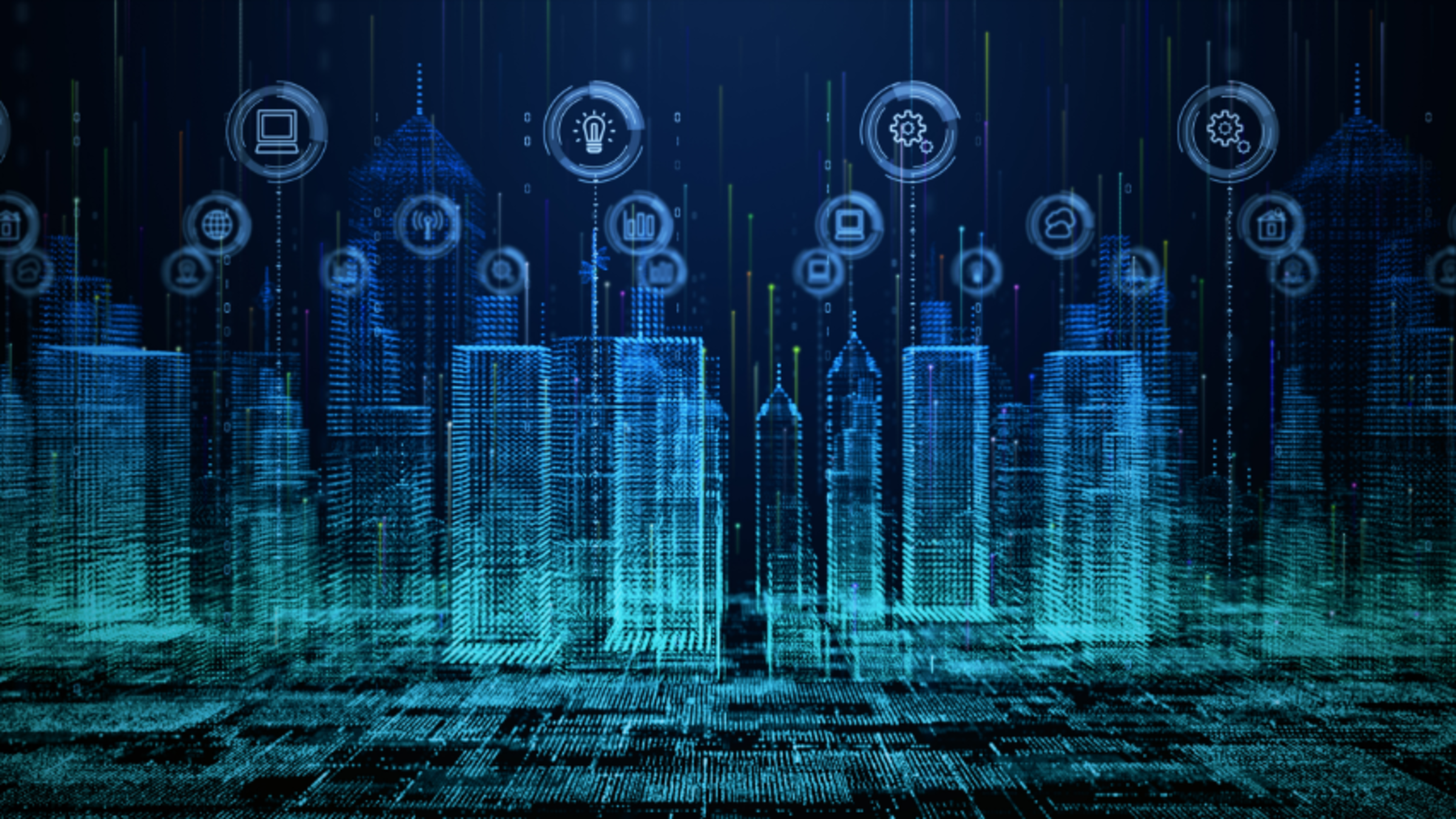 A graphic depiction of a digitally rendered cityscape.