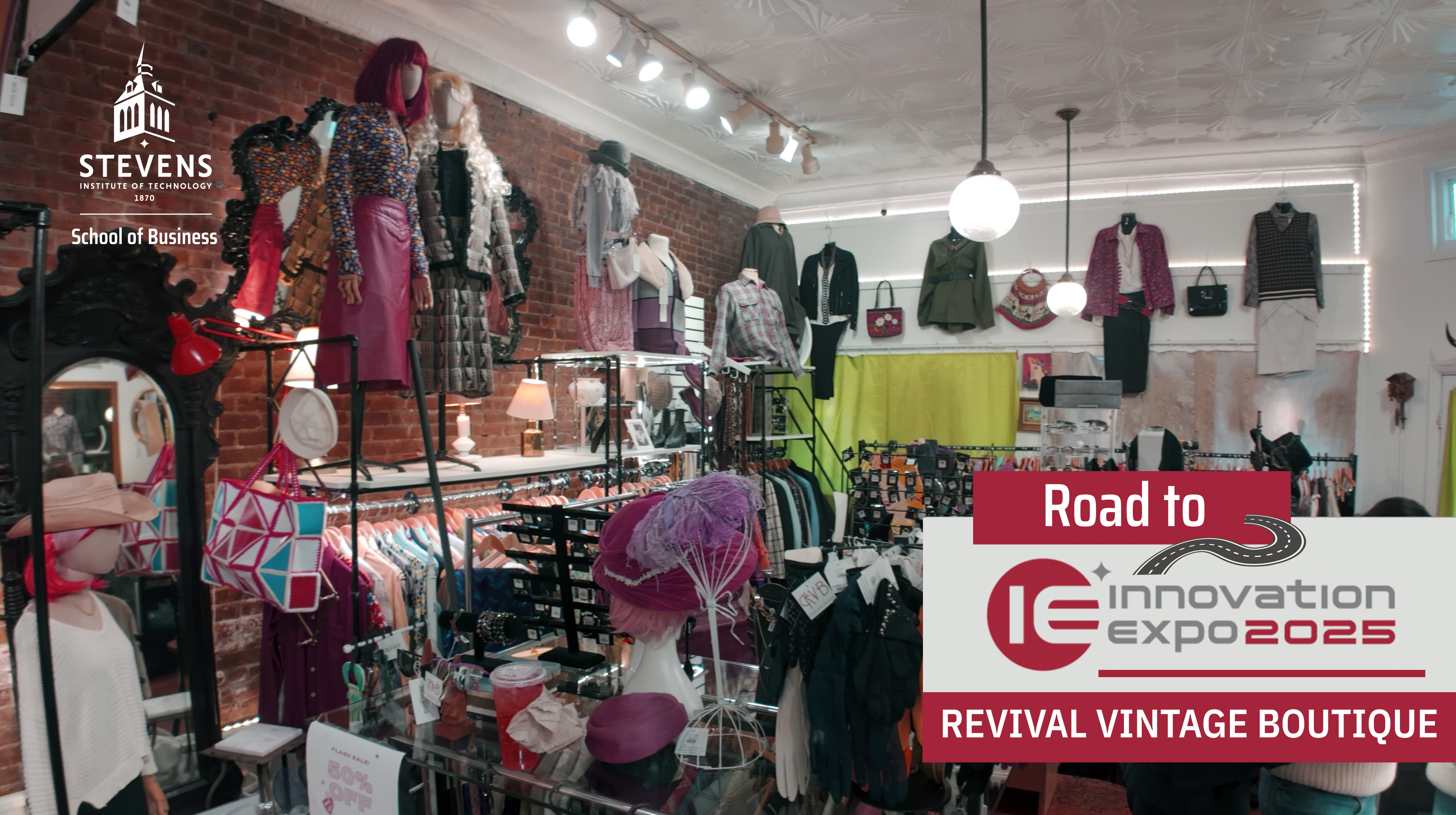 A wide shot of a vintage clothing store.