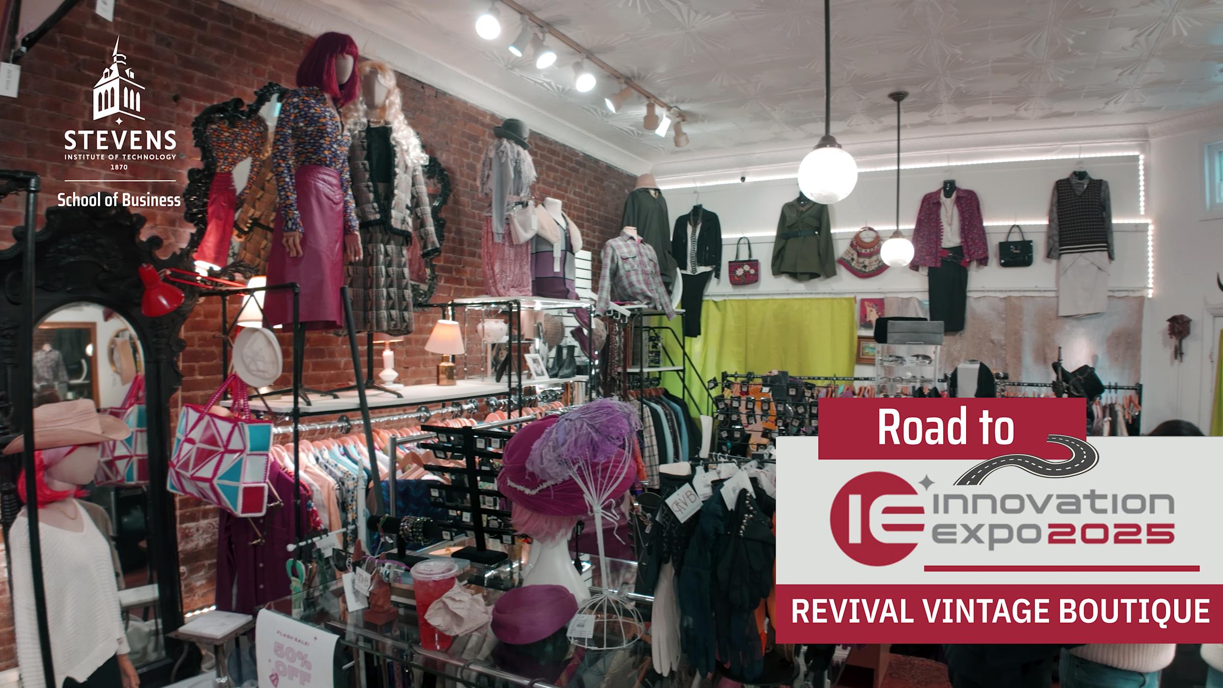 A wide shot of a vintage clothing store.