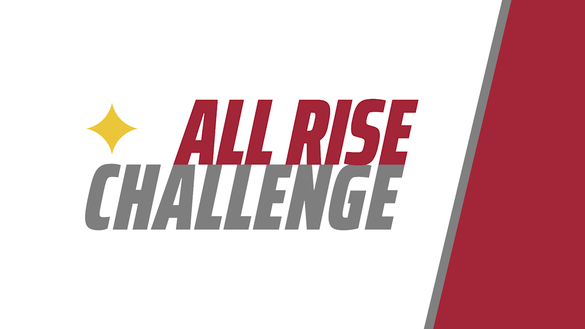 Graphic featuring the words “ALL RISE CHALLENGE” in bold red and gray text on a light gray background, with a gold star icon and a red geometric accent along the right side.