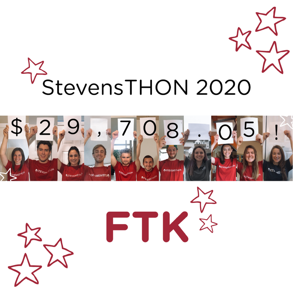 StevensTHON 2020 team hold up placards to display the total amount raised at the end of the dance marathon
