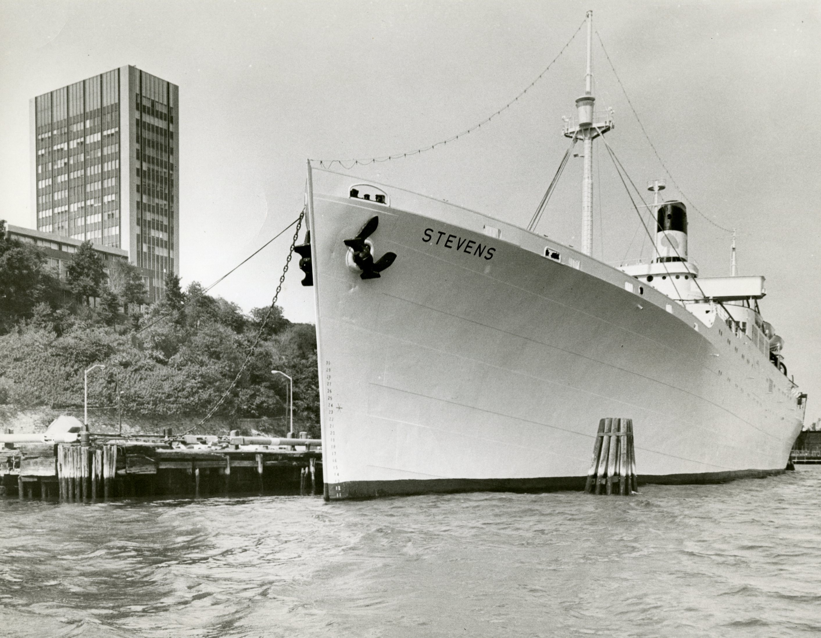 S.S. Stevens moored at Eighth Street Pier, seen from above in the 1970s.