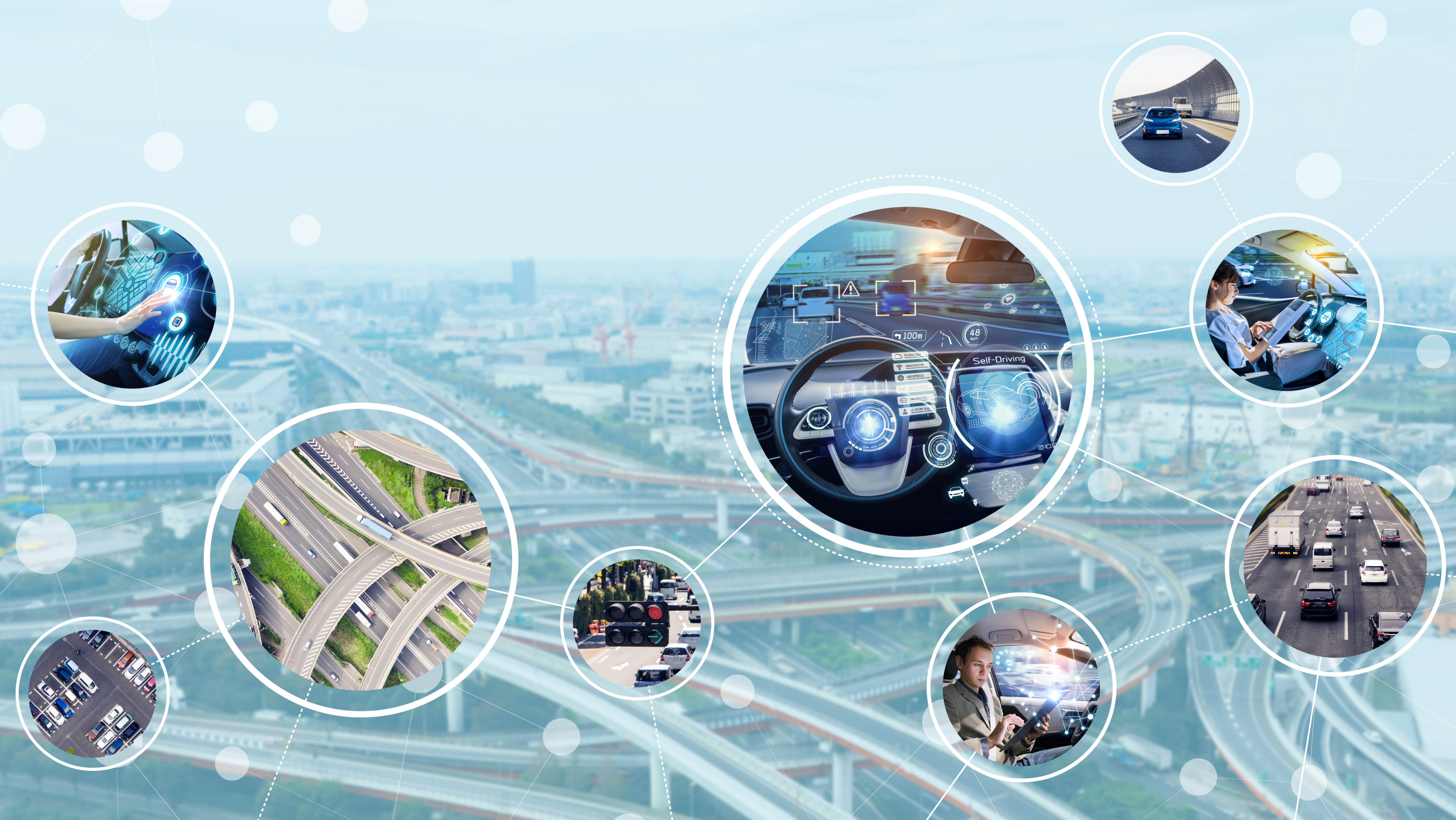 An image of highways, overlayed with circles containing images depicting advanced automotive technology