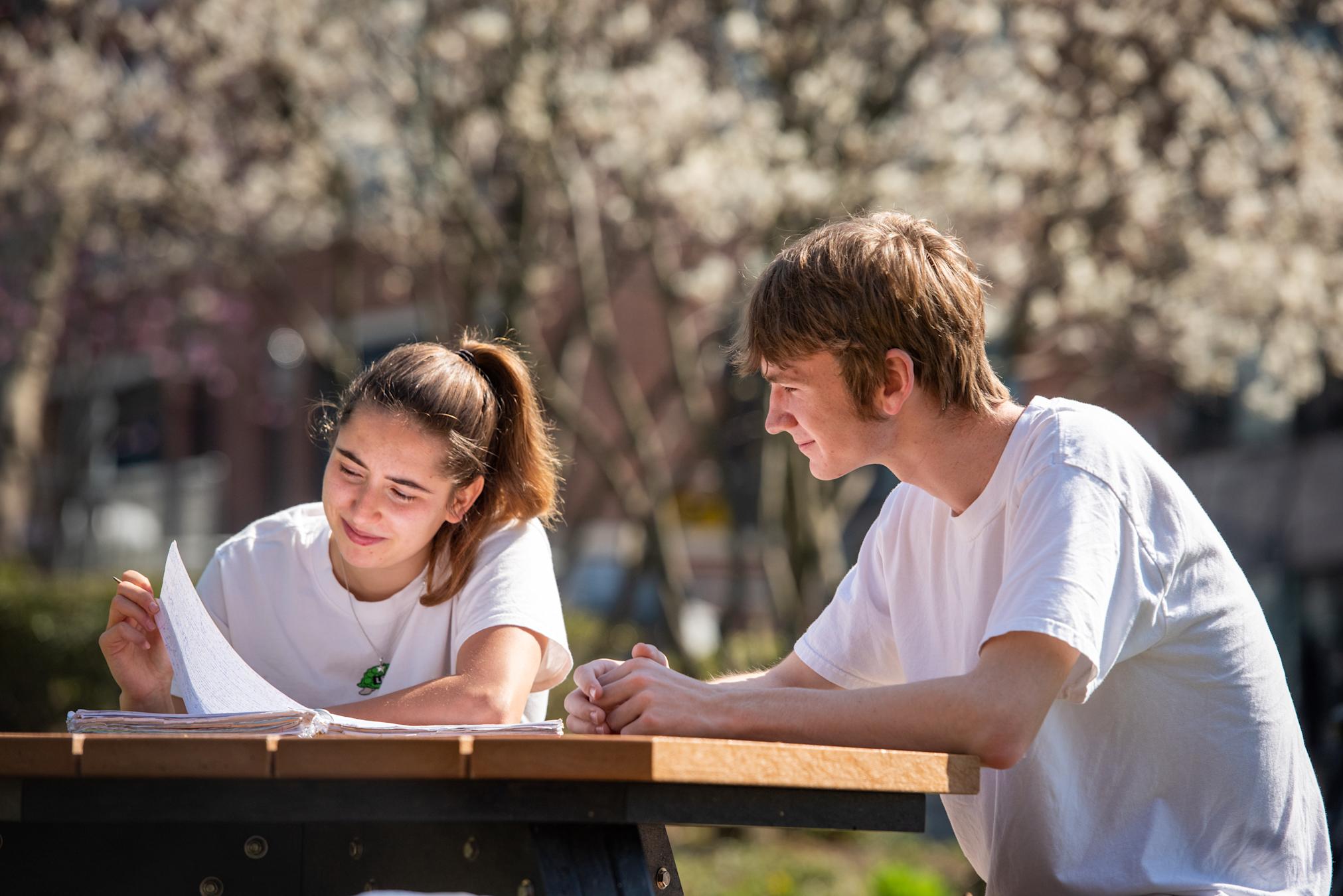 Two students outdoors study at picnic table.