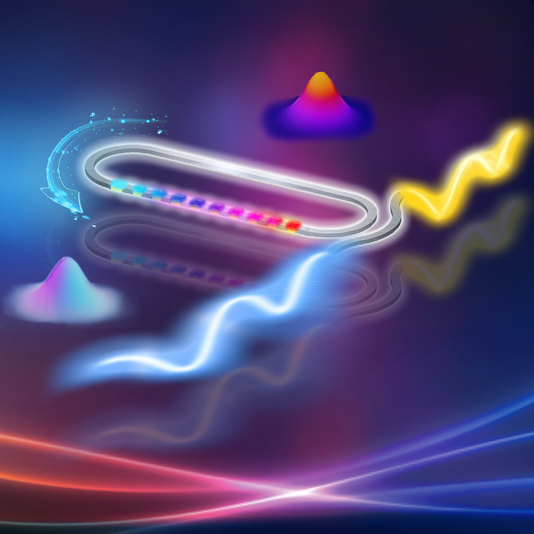 A stylized image of a racetrack depicting photons going around it, eventually interacting and changing wavelengths. One wavelength is blue left); the other is yellow right)