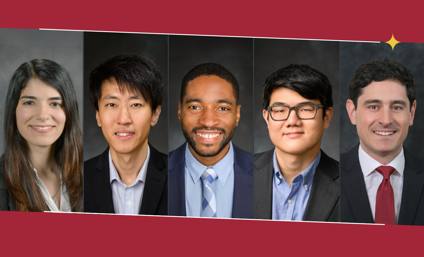 A graphic featuring the five 2024 SES NSF CAREER Award Winners, from left to right: Shima Hajimirza, Tian Han, Philip Odonkor, Christopher Sugino and Johannes Weickenmeier.