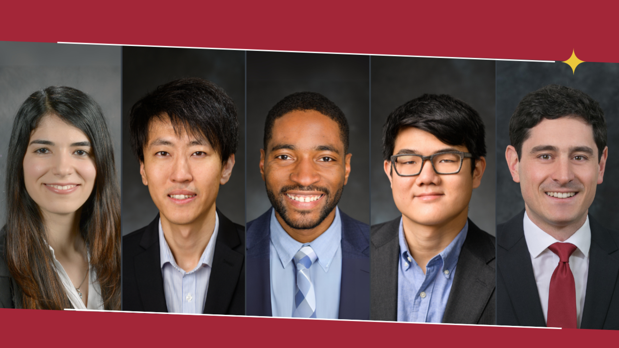 A graphic featuring the five 2024 SES NSF CAREER Award Winners, from left to right: Shima Hajimirza, Tian Han, Philip Odonkor, Christopher Sugino and Johannes Weickenmeier.