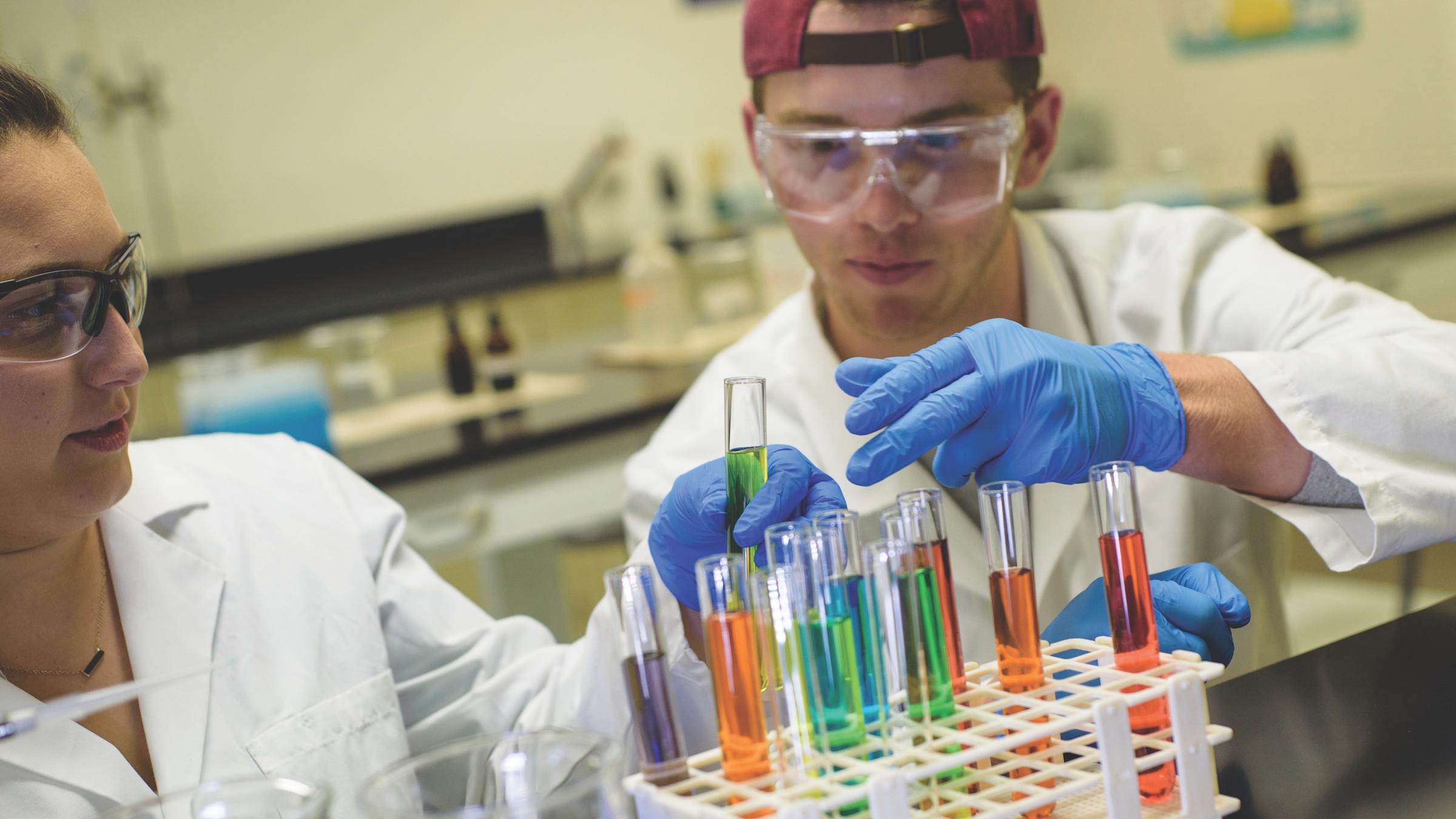 two students looking at colorful test tubes in a laboratory