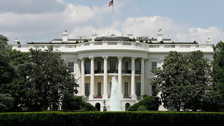 The White House in Washington, DC, on an overcast day.
