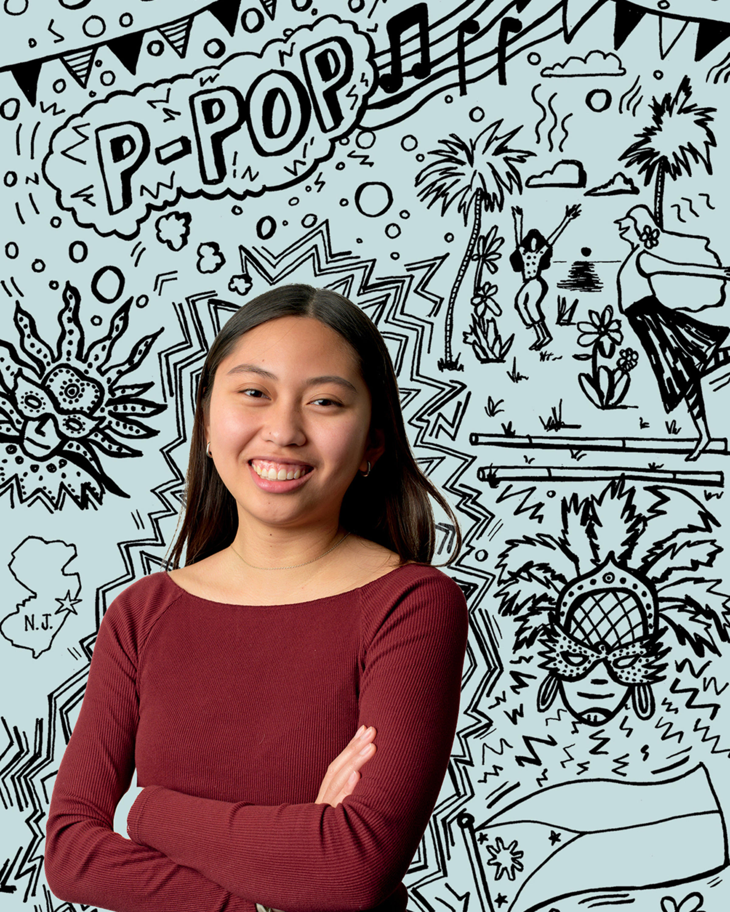 Portrait of Lauren Espineli in front of a dynamic illustration