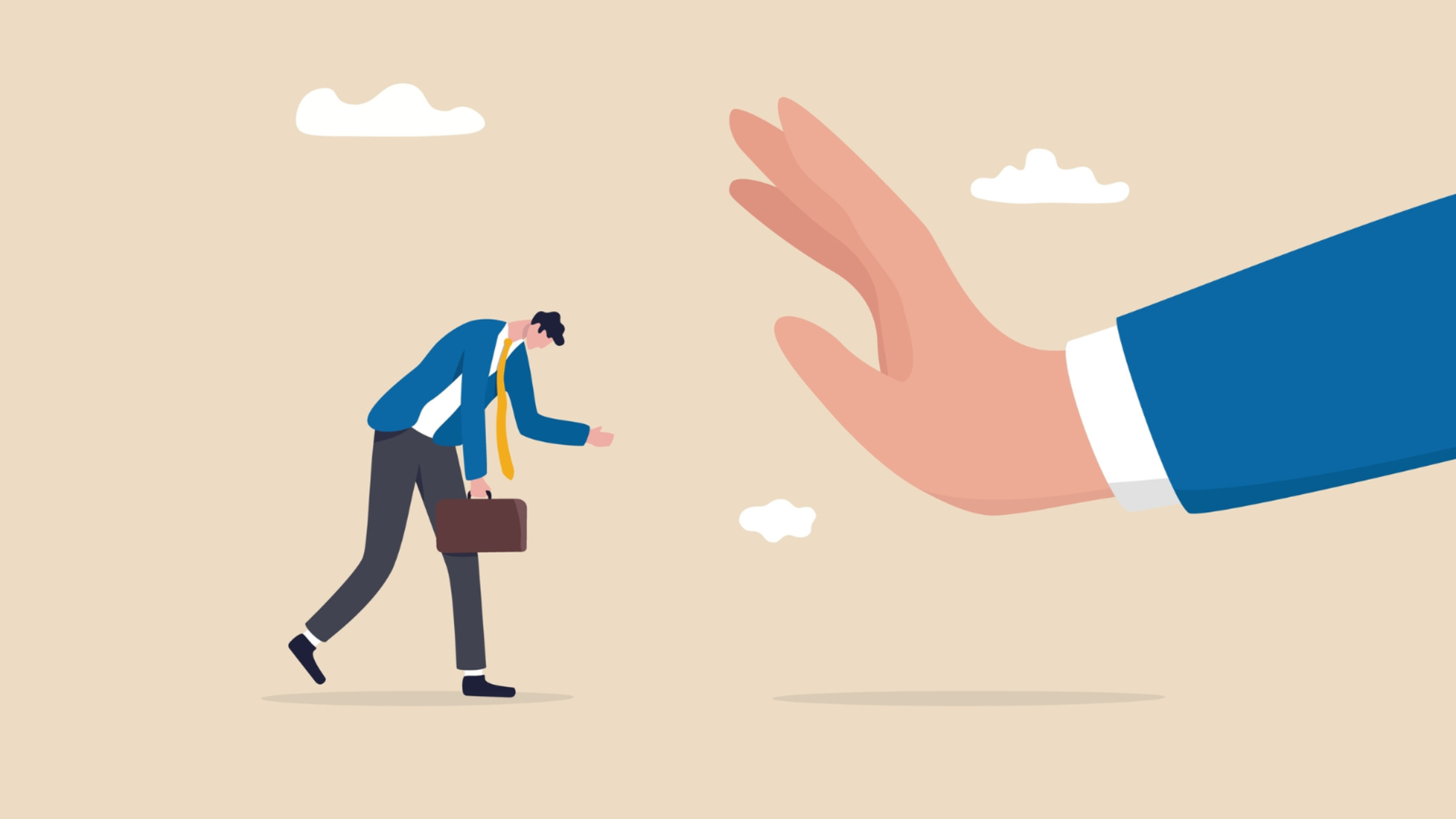 Hand comes from the sky facing an employee who's hunched over.