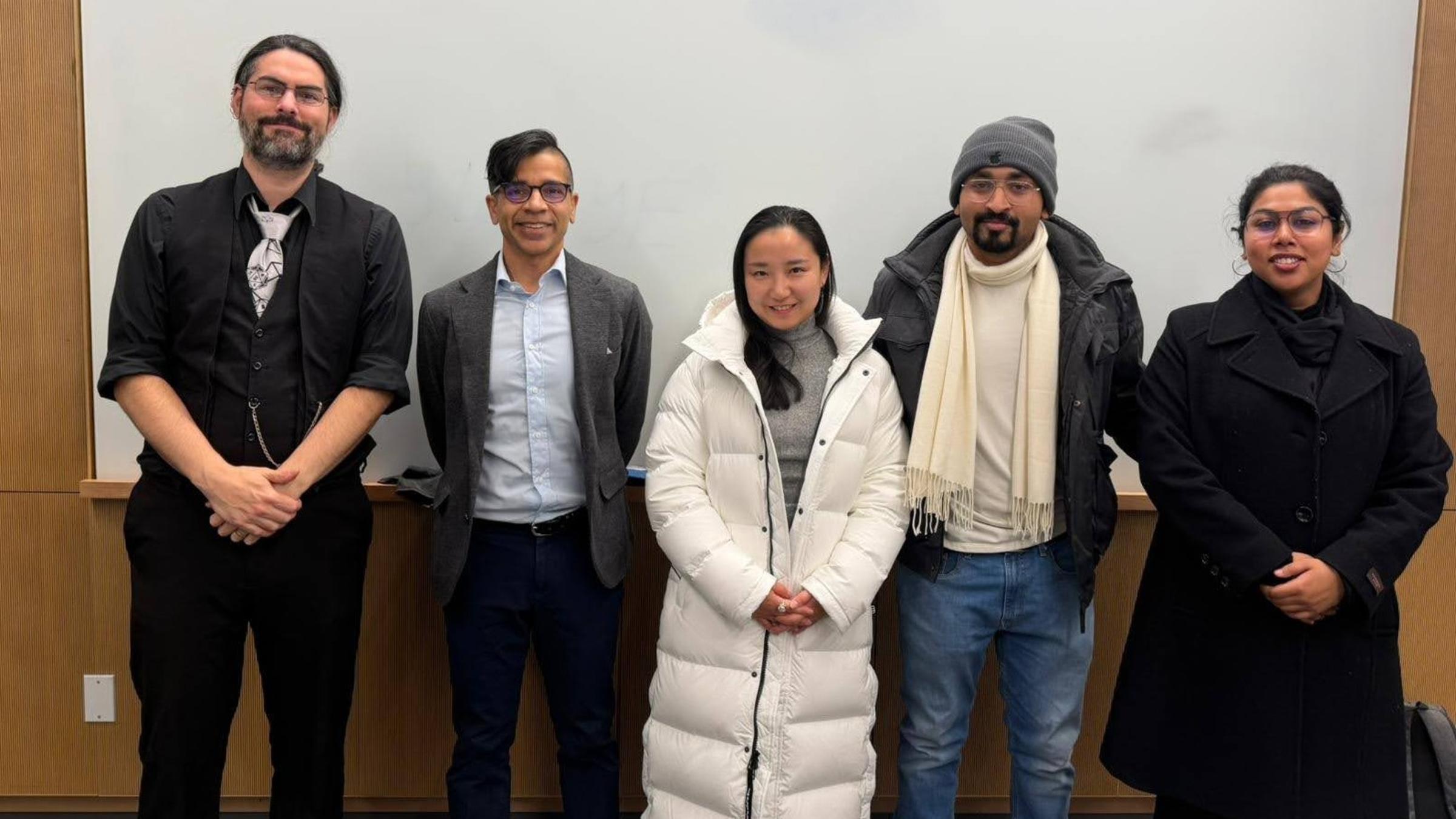 From left to right: Joseph Helsing, lecturer in the Department of Electrical and Computer Engineering at Stevens, team members Atif Qadir, Xirui Yu, Shivam Raj and Titir Talukder.