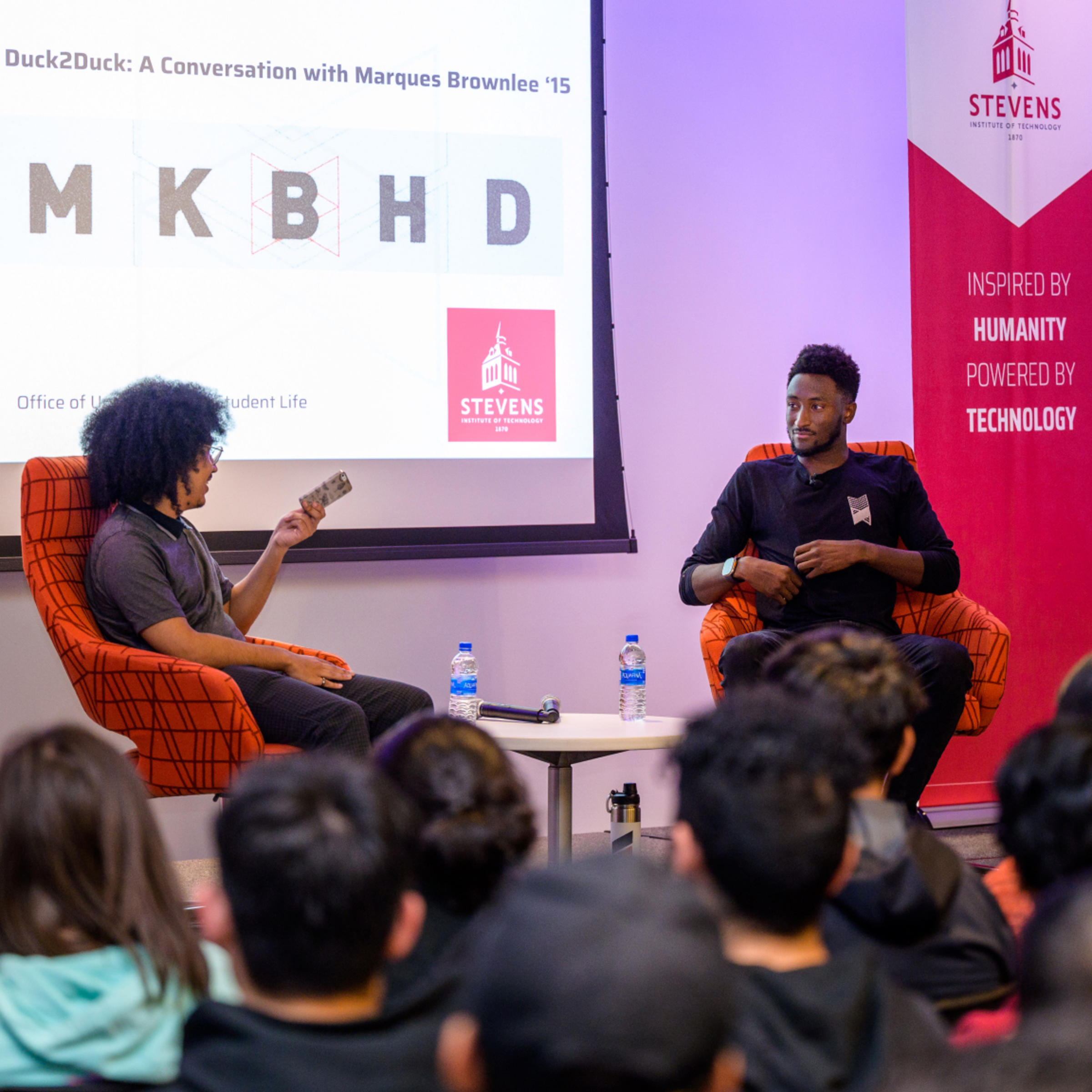 Marques Brownlee answers questions at Stevens event.
