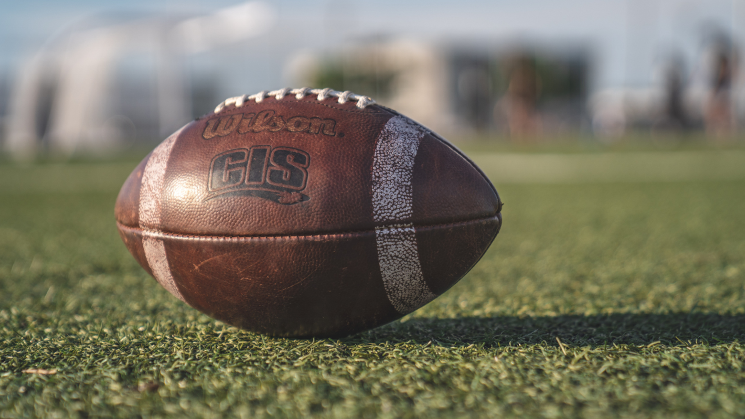 A Wilson football placed on a football field.