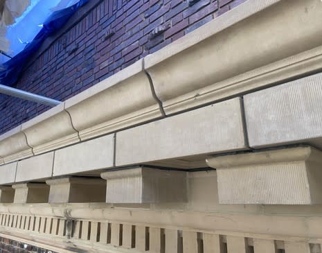 Cornice reconstruction at west and south elevations, after restoration