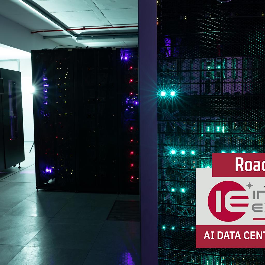 Server racks with glowing blue, purple, and red LED indicators line a dark data center corridor, with illuminated server bays visible through mesh panels. "Road to Innovation Expo 2026 - AI Data Center Site Selection" branding is in the lower right corner.