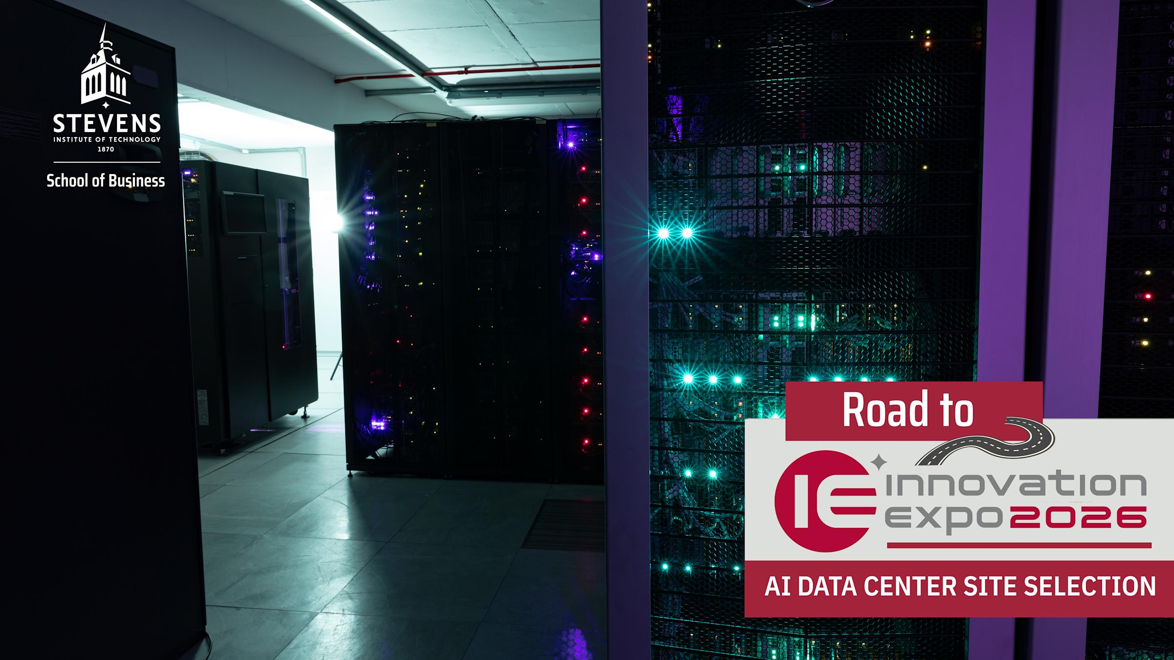 Server racks with glowing blue, purple, and red LED indicators line a dark data center corridor, with illuminated server bays visible through mesh panels. "Road to Innovation Expo 2026 - AI Data Center Site Selection" branding is in the lower right corner.