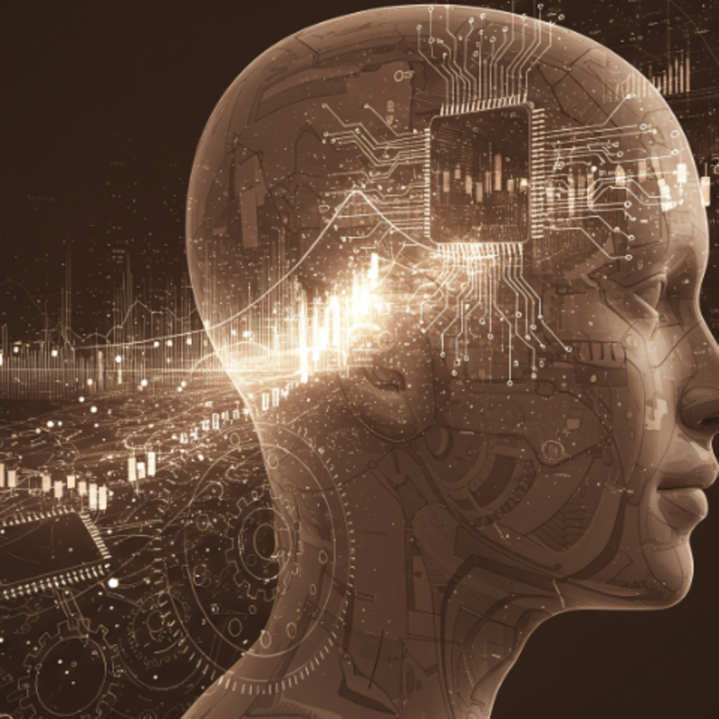 Abstract image of human head with illustration of circuitry flowing through.