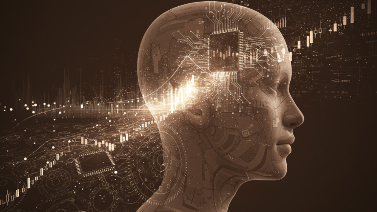 Abstract image of human head with illustration of circuitry flowing through.