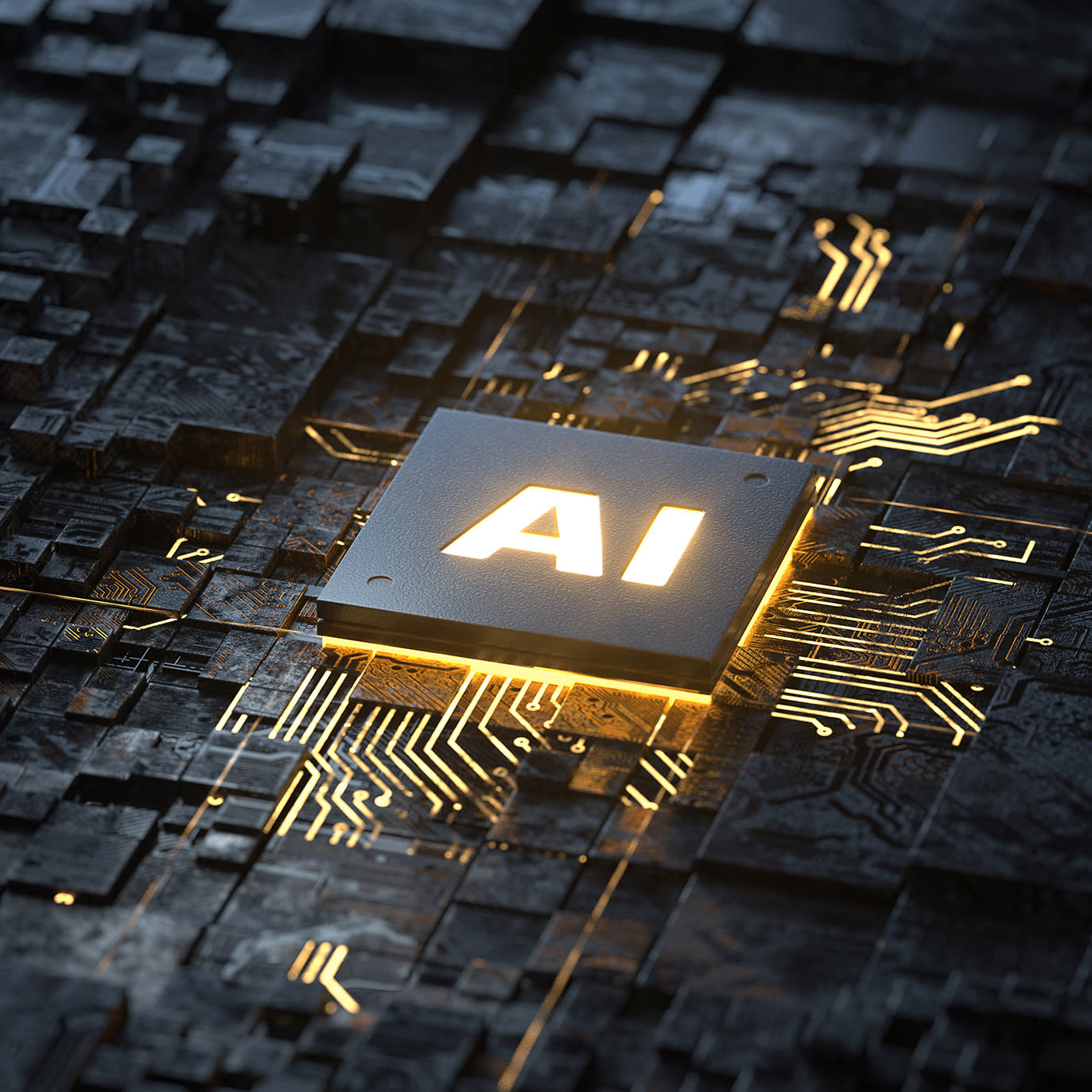 computer CPU with glowing "AI" on it.