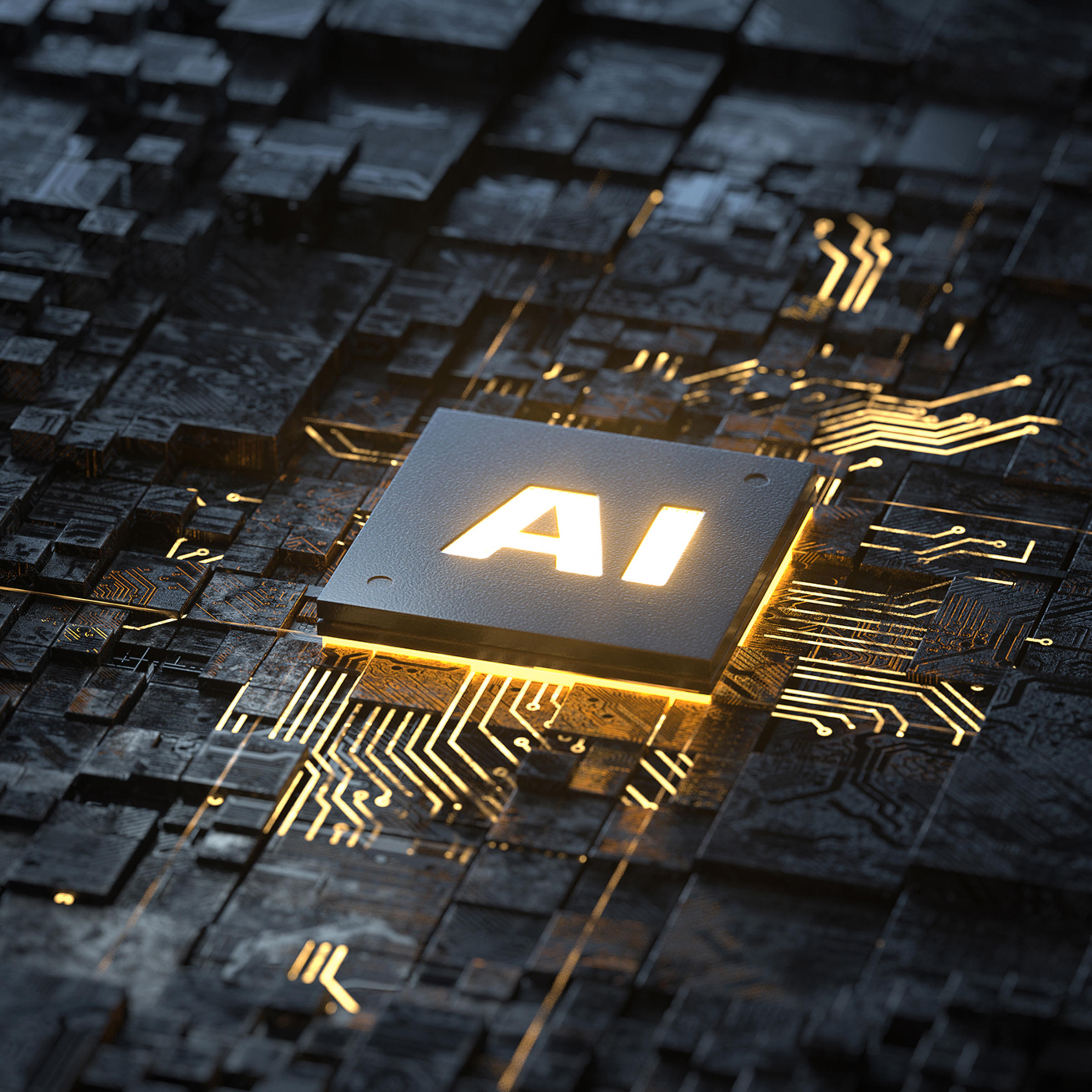computer CPU with glowing "AI" on it.