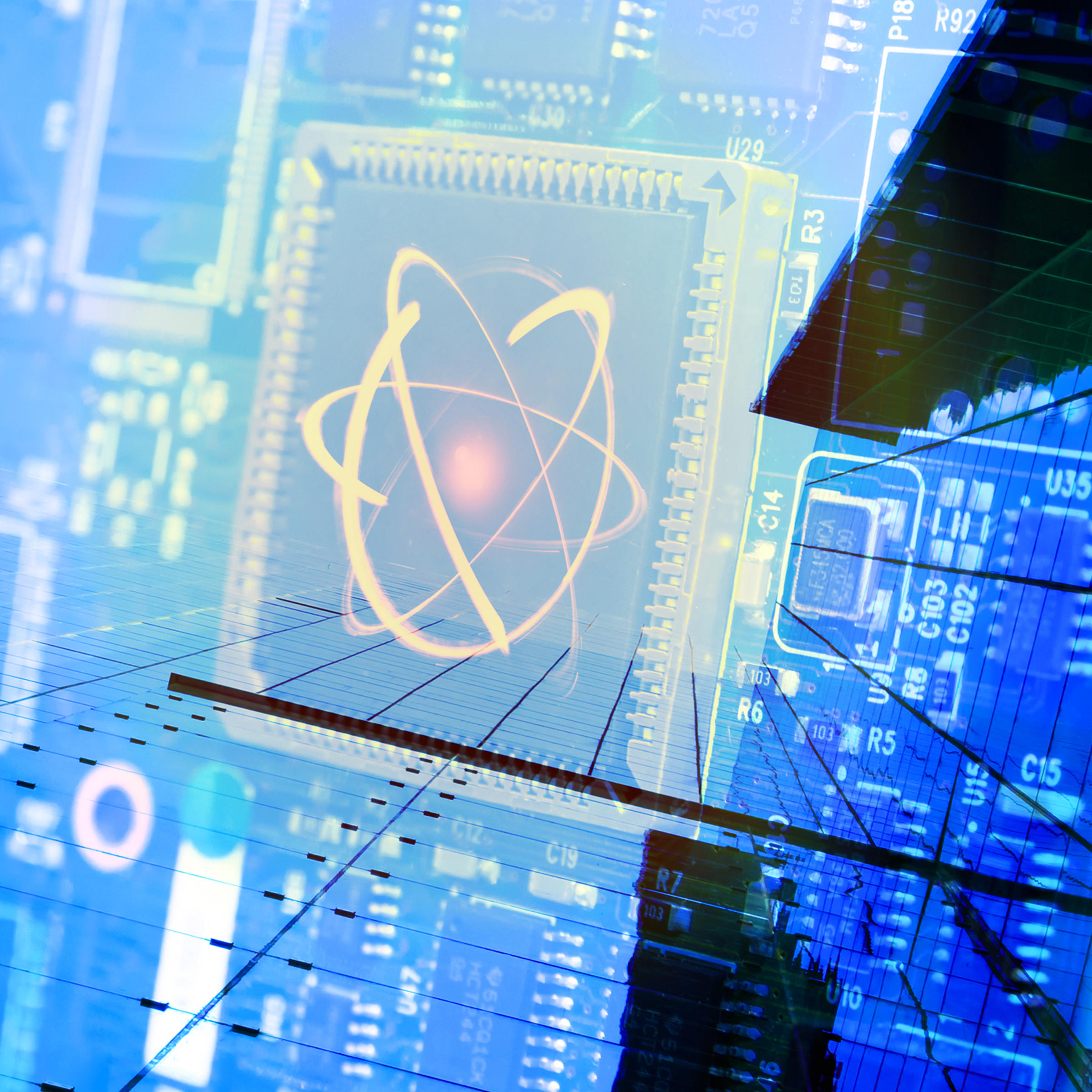 Circuit board overlay on a building