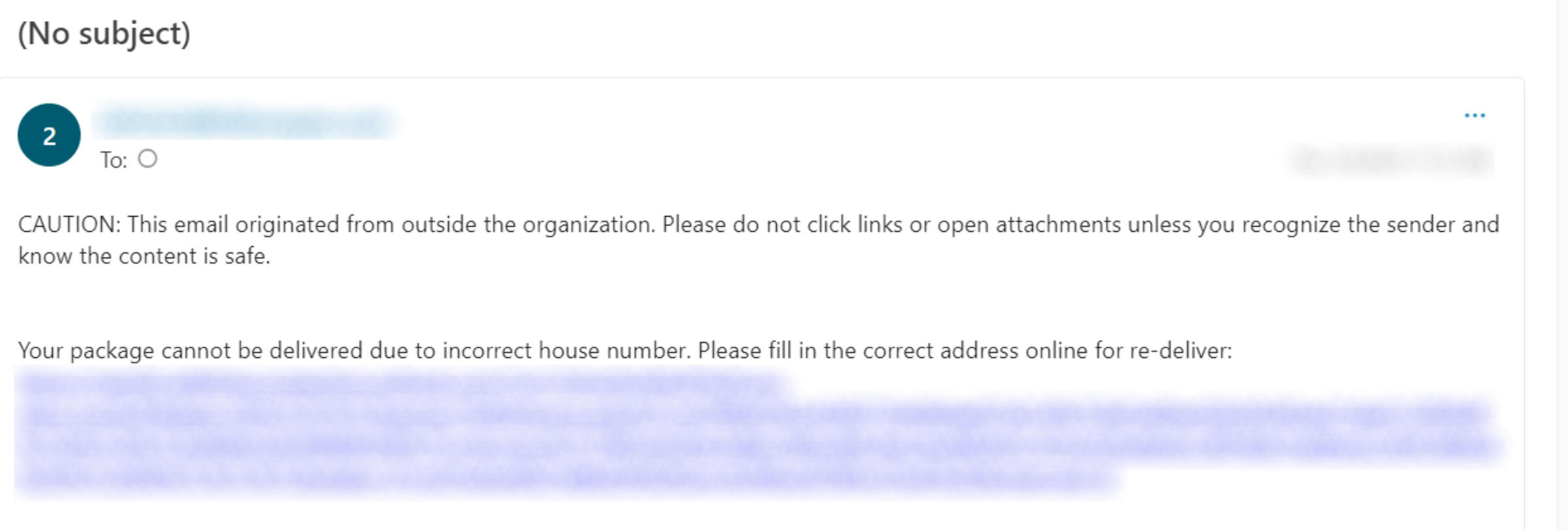 Image of a package delivery phishing email