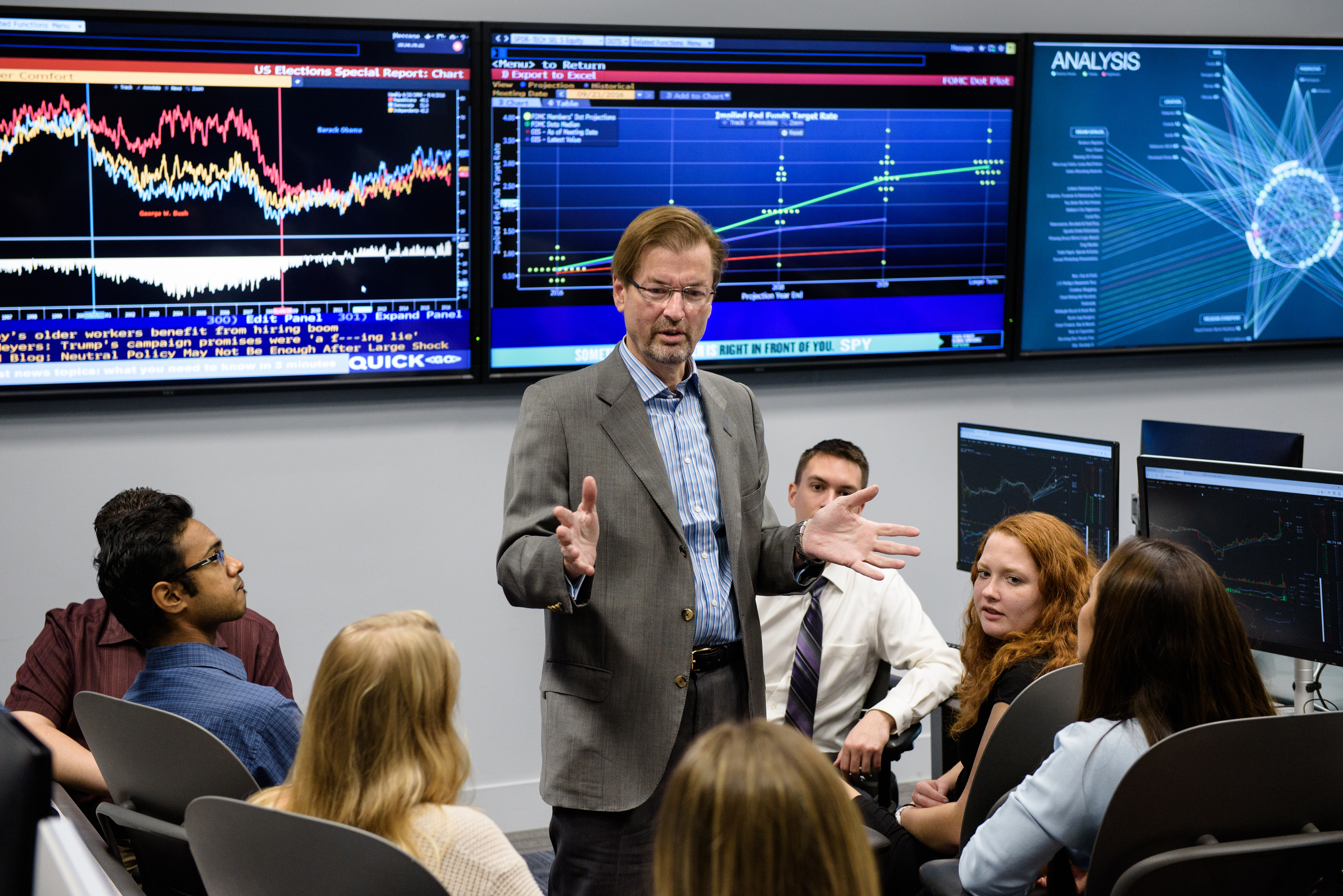 Professor speaks to group of students in front of monitors displaying finance data