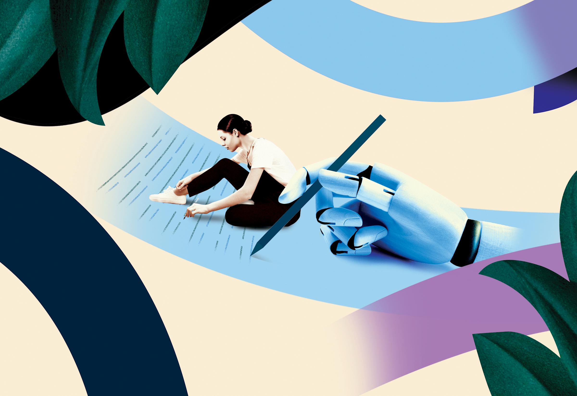 illustration of a woman writing and a robot arm writing also.