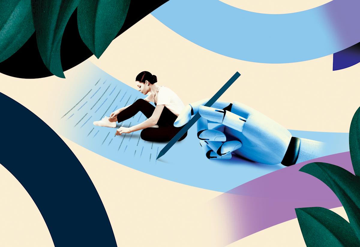 illustration of a woman writing and a robot arm writing also.