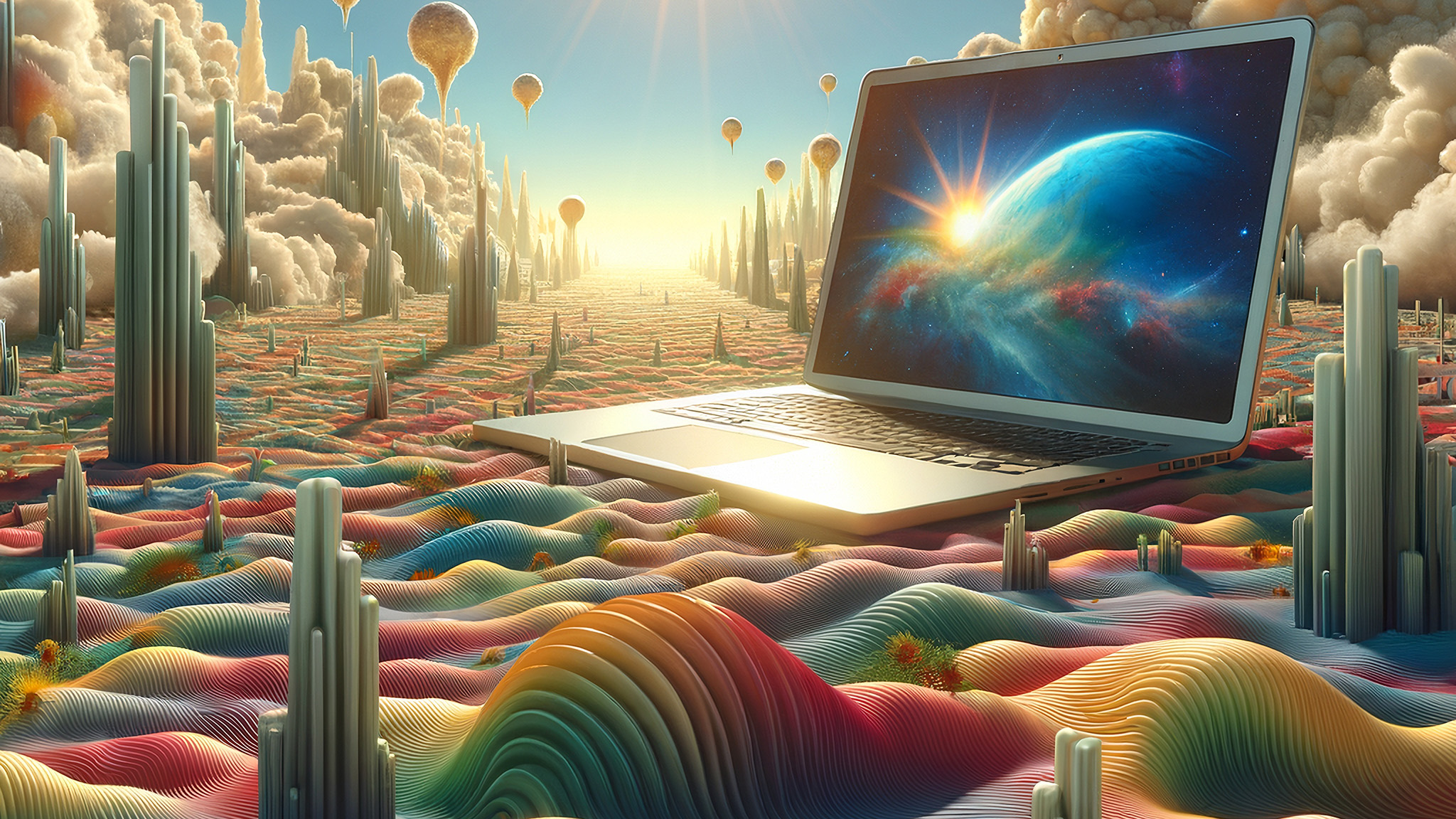 Colorful surreal landscape with laptop computer and the letters "AI".