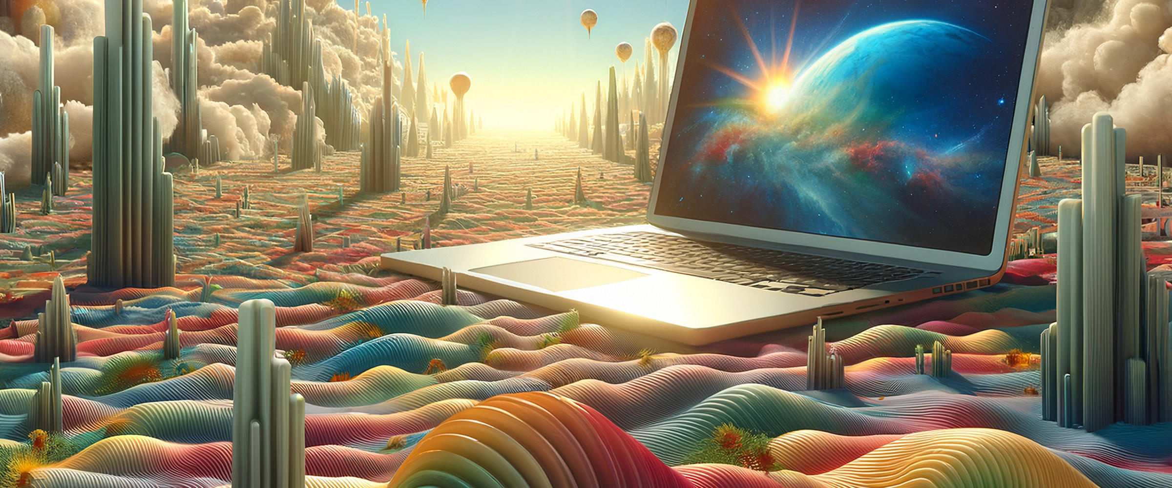 Colorful surreal landscape with laptop computer and the letters "AI".