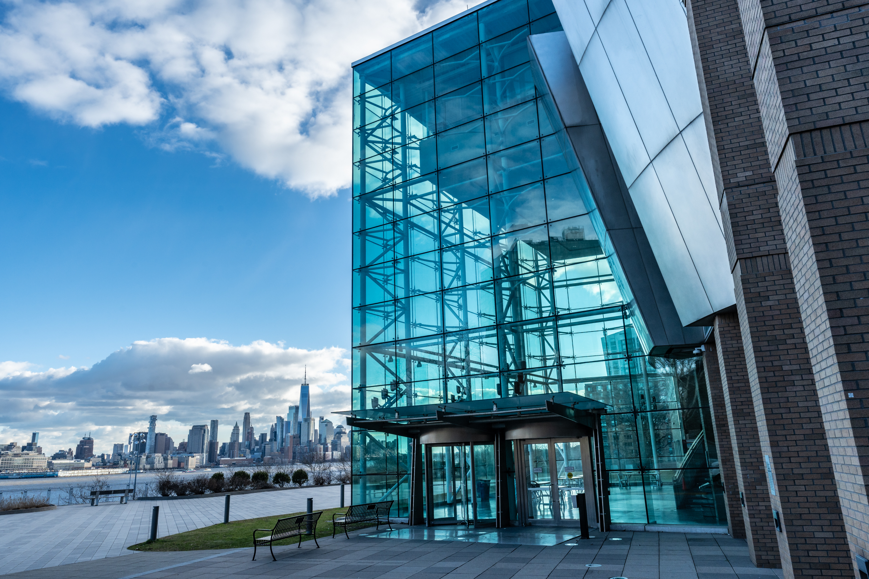 Babbio Center with the New York City skyline to the left in the background.