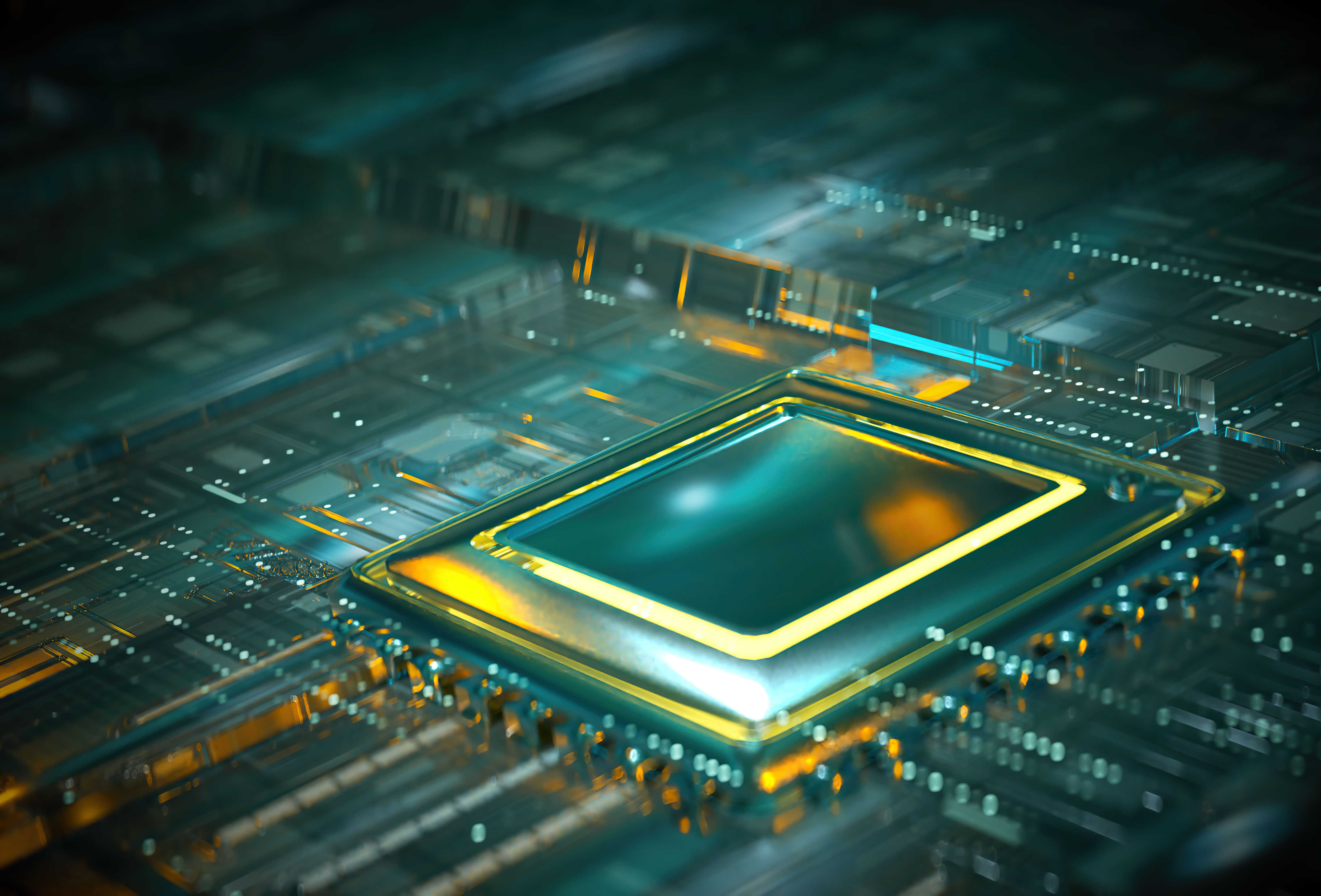 illustration of a futuristic computer processor, with square in center and lit-up pathways leading to/away from it