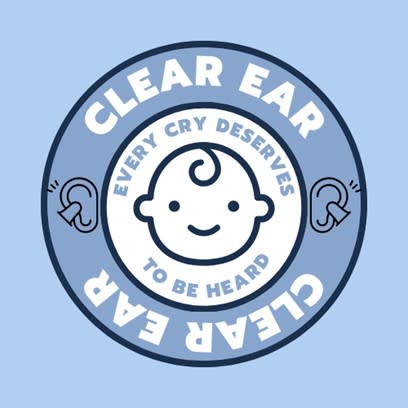 A blue, round logo with an icon of a baby in the center, and icons of two ears. There is an inside circle within a larger circle with the words "Every cry deserves to be heard."