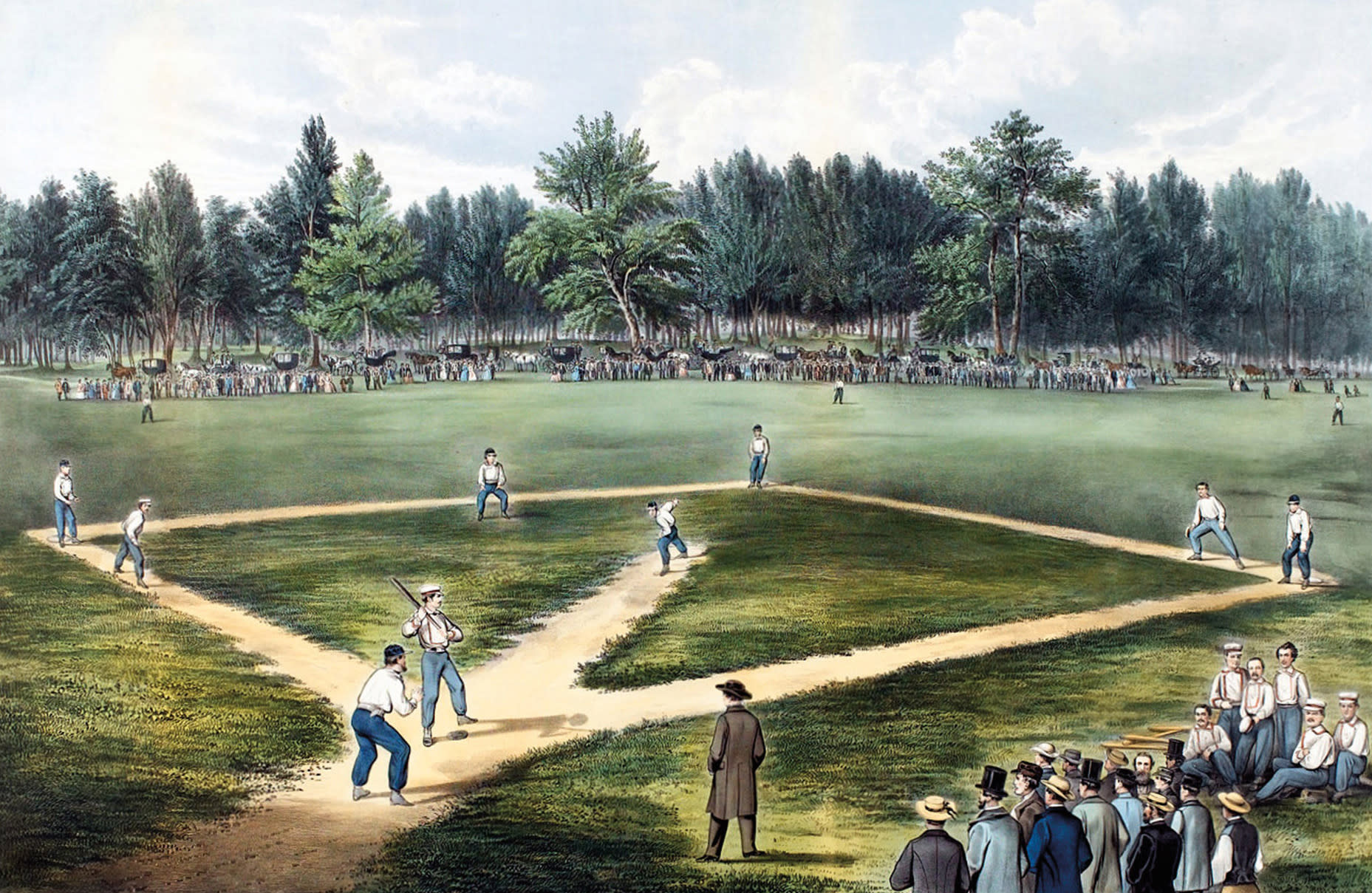 full-color lithograph of a circa 1846 baseball game being played in a field surrounded by trees, with a crowd watching.