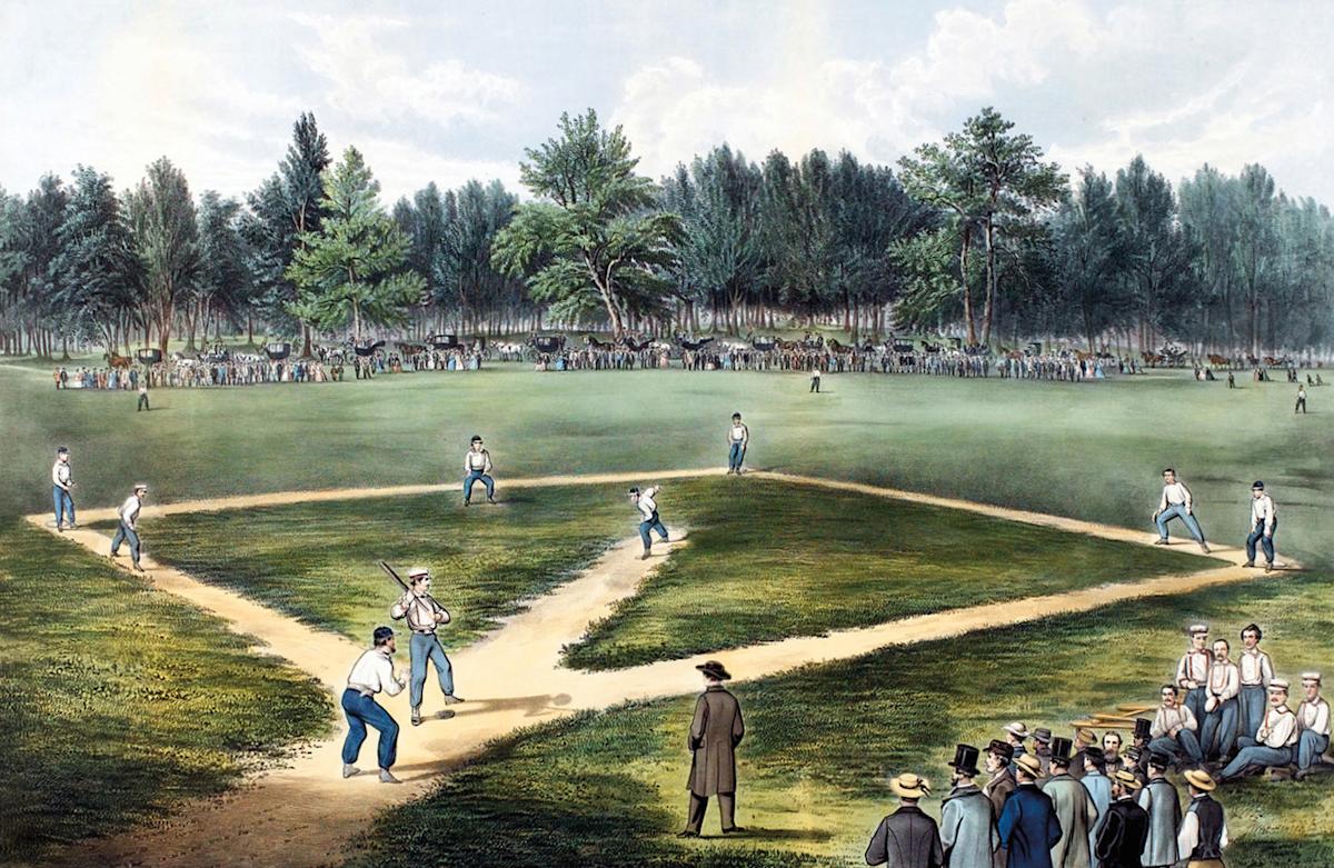 full-color lithograph of a circa 1846 baseball game being played in a field surrounded by trees, with a crowd watching.